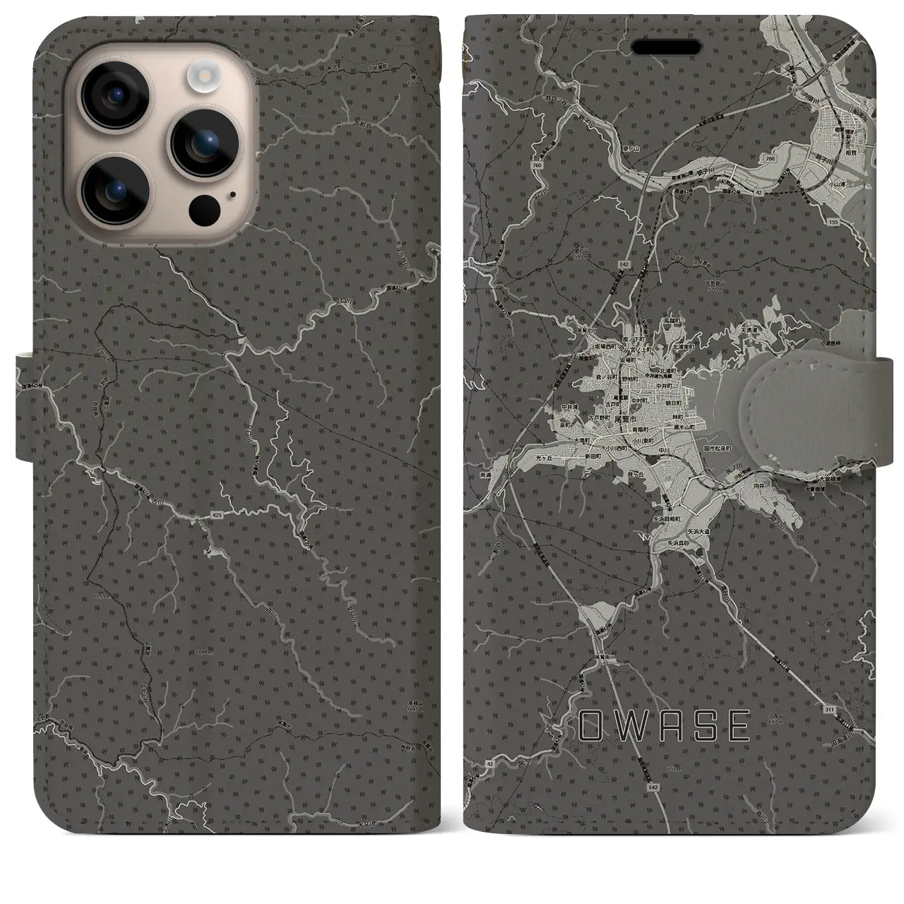 【尾鷲2(三重県)】地図柄iPhoneケース(手帳タイプ)モノトーン・iPhone 16 Plus 用