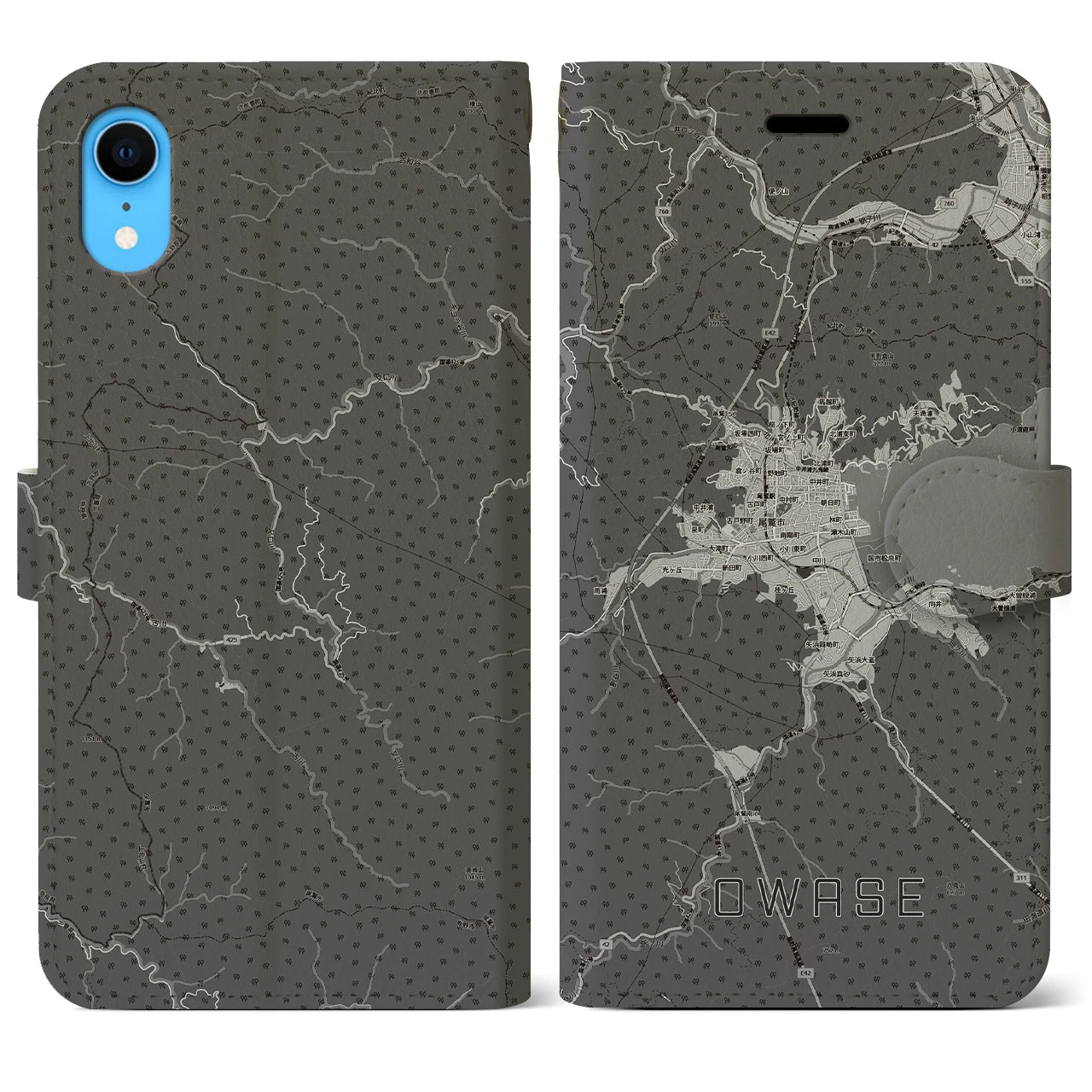 【尾鷲2(三重県)】地図柄iPhoneケース(手帳タイプ)モノトーン・iPhone XR 用