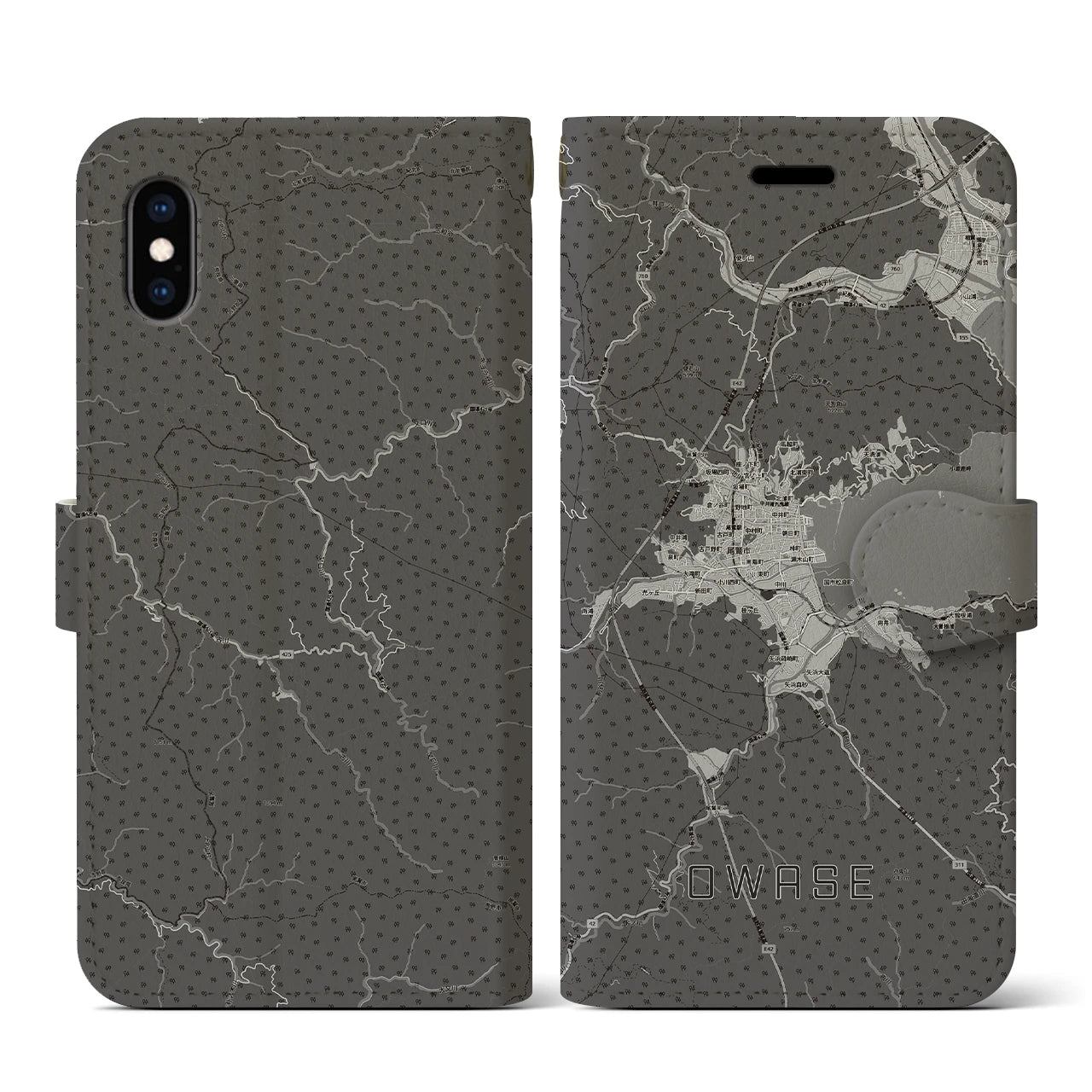 【尾鷲2(三重県)】地図柄iPhoneケース(手帳タイプ)モノトーン・iPhone XS / X 用