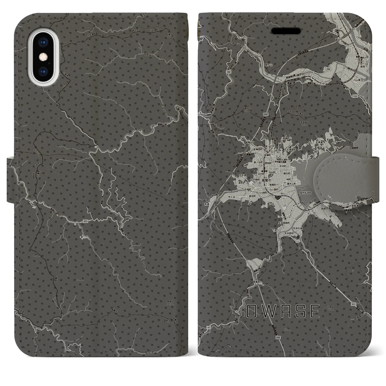 【尾鷲2(三重県)】地図柄iPhoneケース(手帳タイプ)モノトーン・iPhone XS Max 用