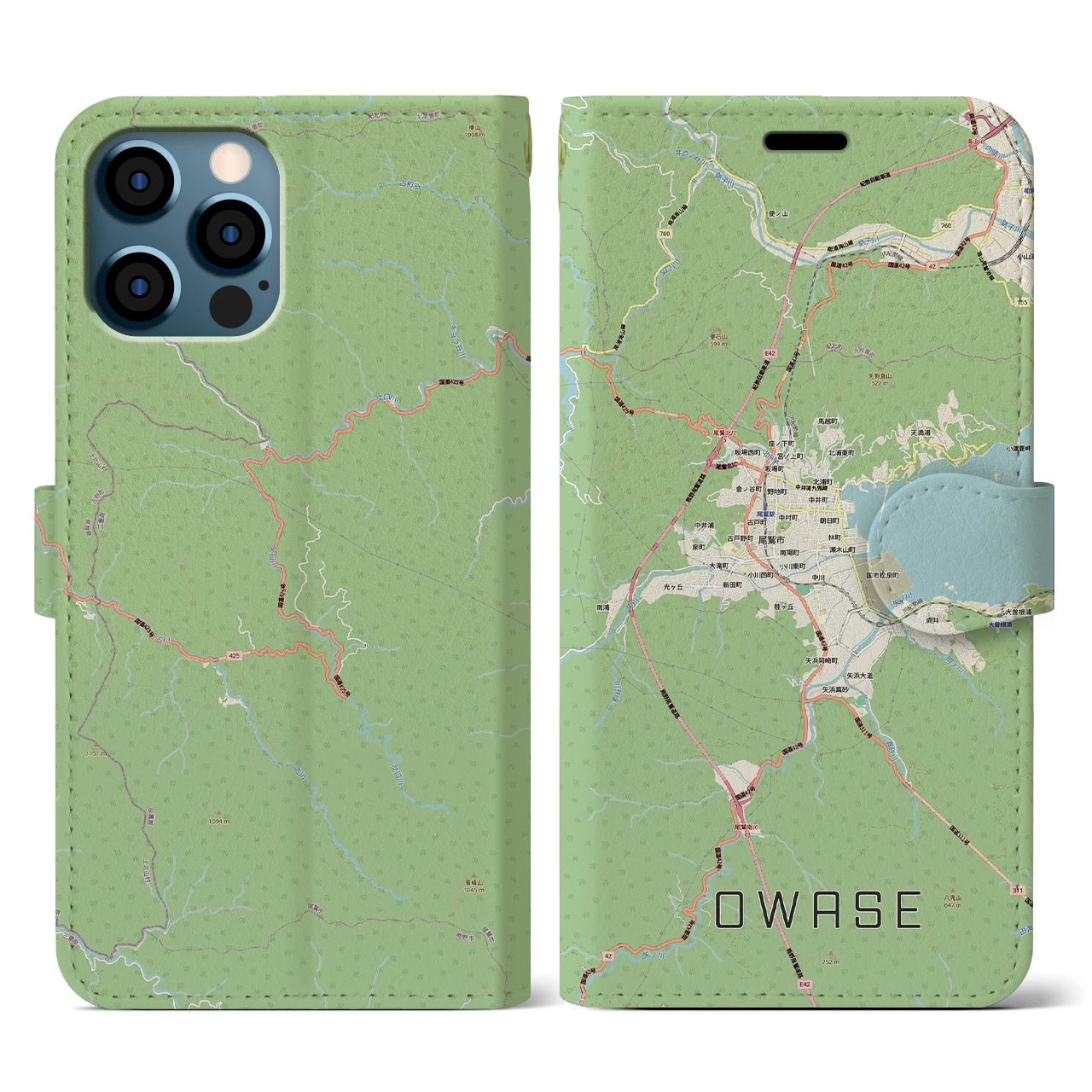【尾鷲2(三重県)】地図柄iPhoneケース(手帳タイプ)ナチュラル・iPhone 12 / 12 Pro 用