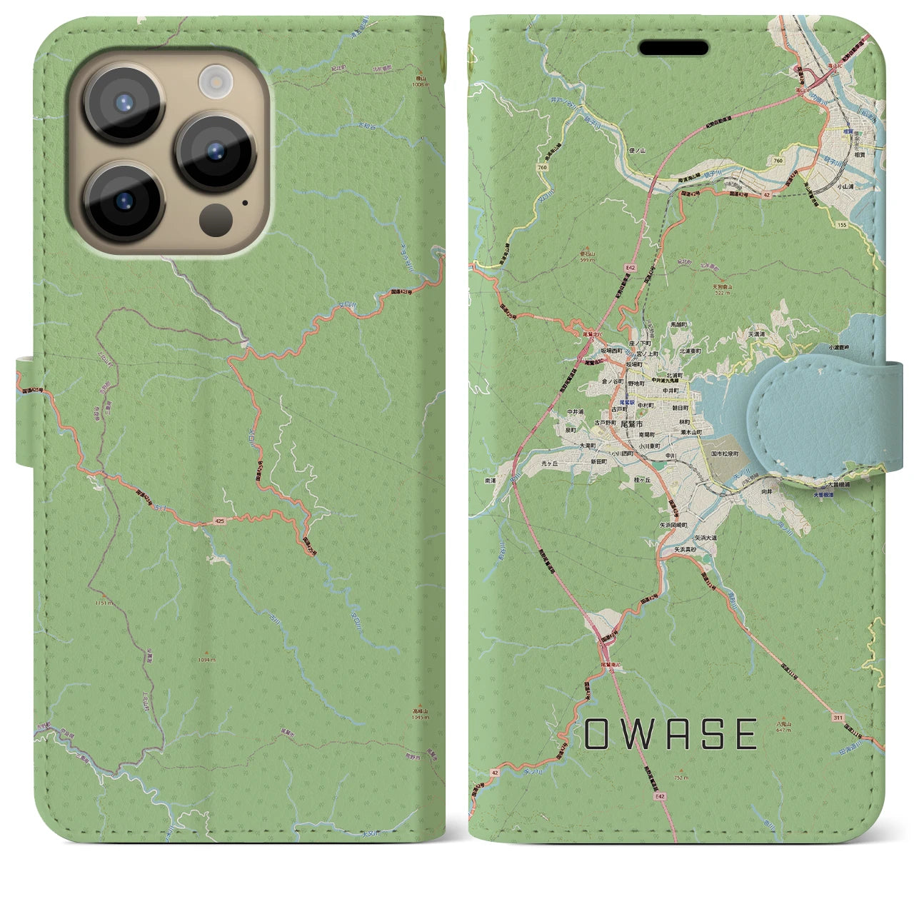 【尾鷲2(三重県)】地図柄iPhoneケース(手帳タイプ)ナチュラル・iPhone 14 Pro Max 用