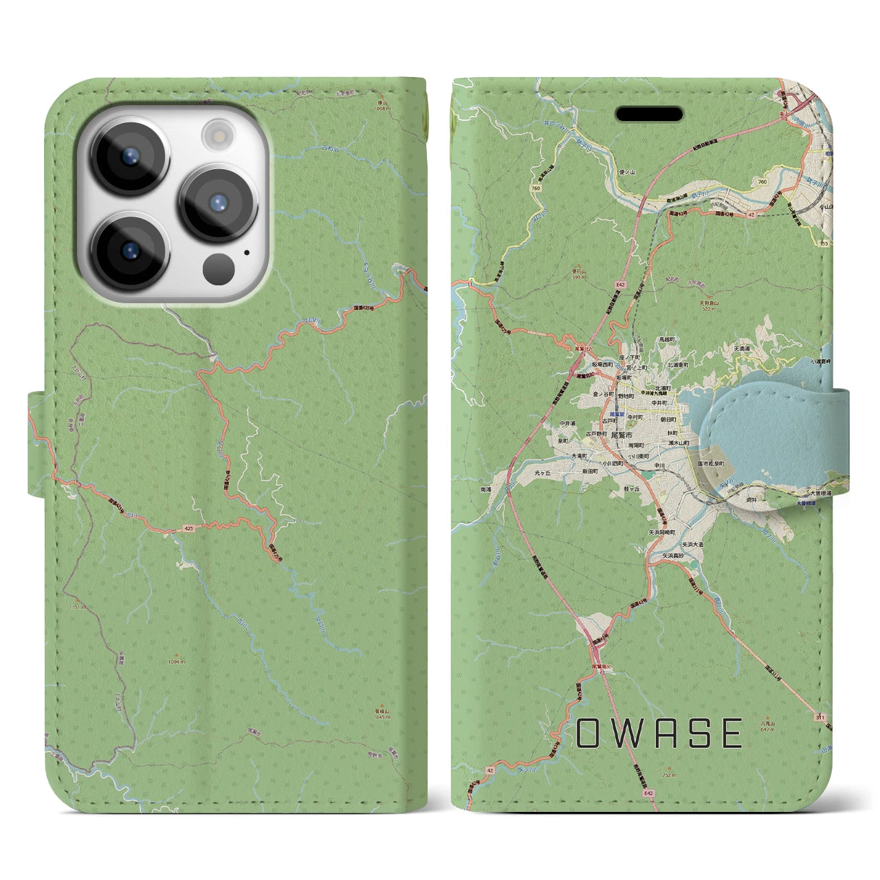 【尾鷲2(三重県)】地図柄iPhoneケース(手帳タイプ)ナチュラル・iPhone 14 Pro 用