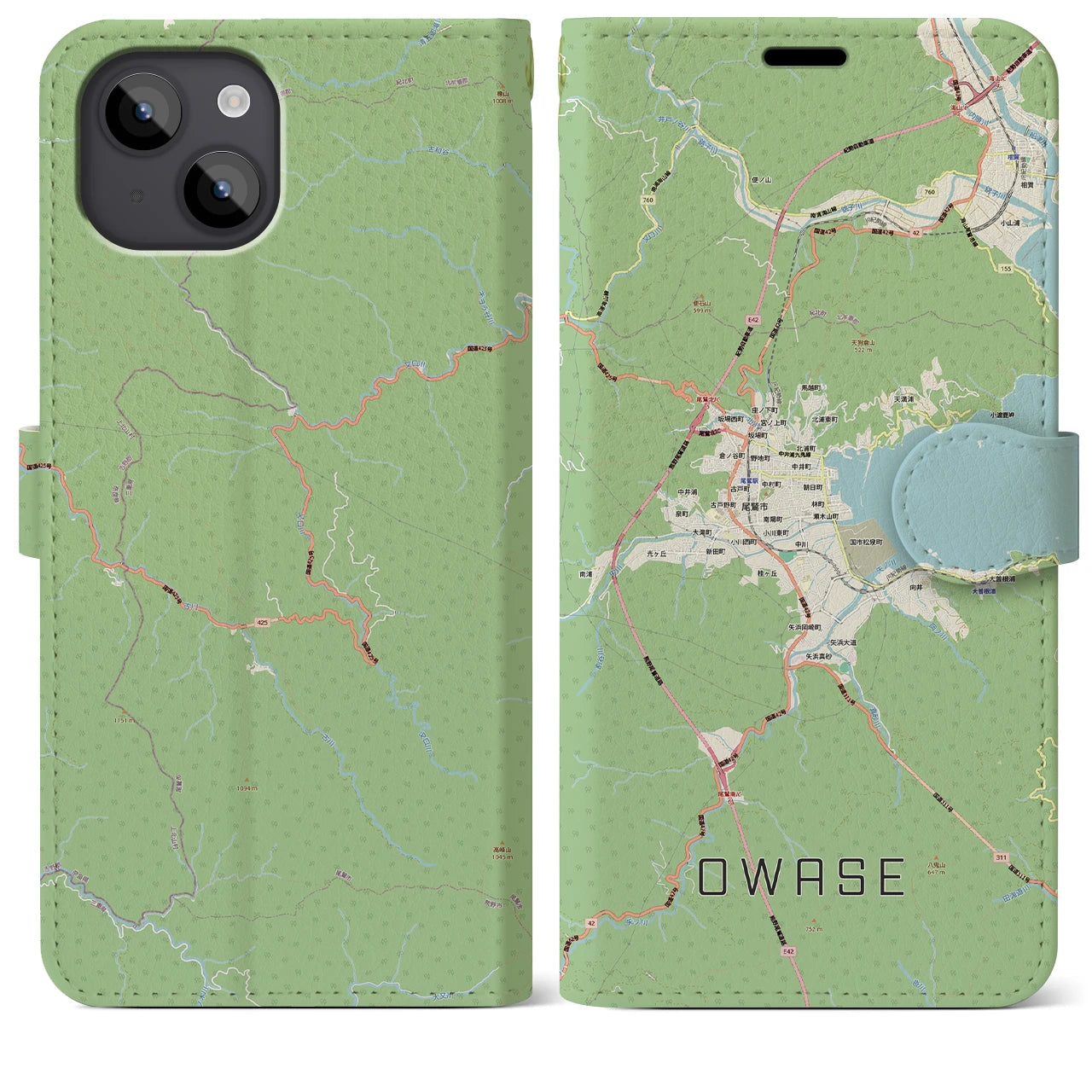 【尾鷲2(三重県)】地図柄iPhoneケース(手帳タイプ)ナチュラル・iPhone 14 Plus 用