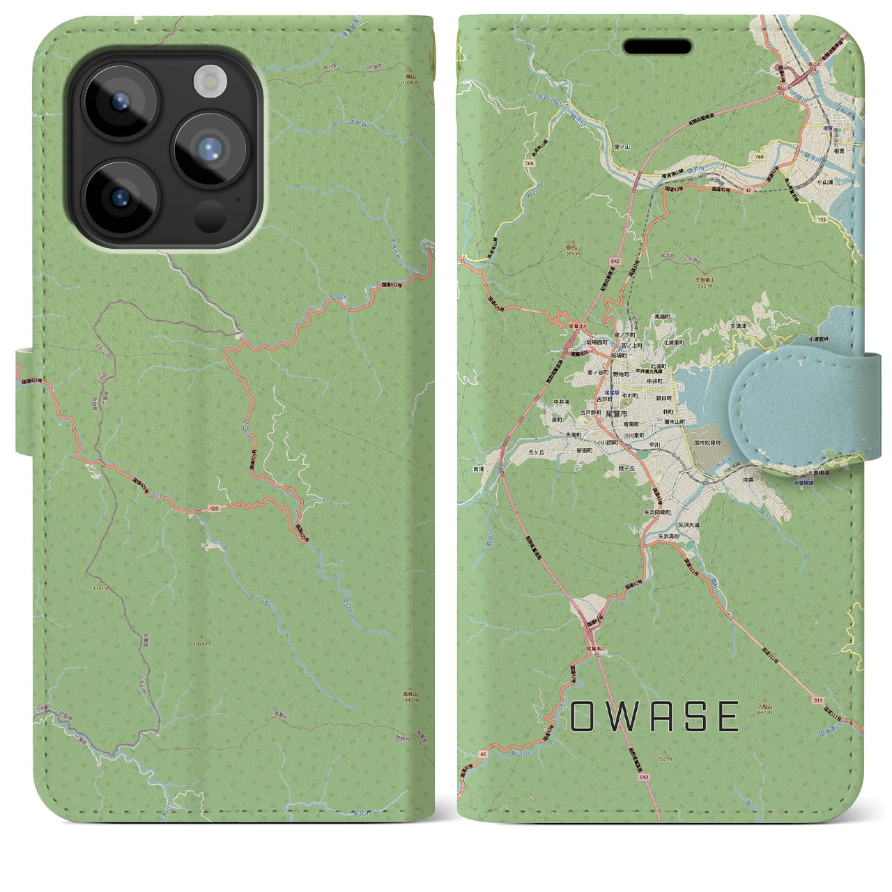【尾鷲2(三重県)】地図柄iPhoneケース(手帳タイプ)ナチュラル・iPhone 15 Pro Max 用