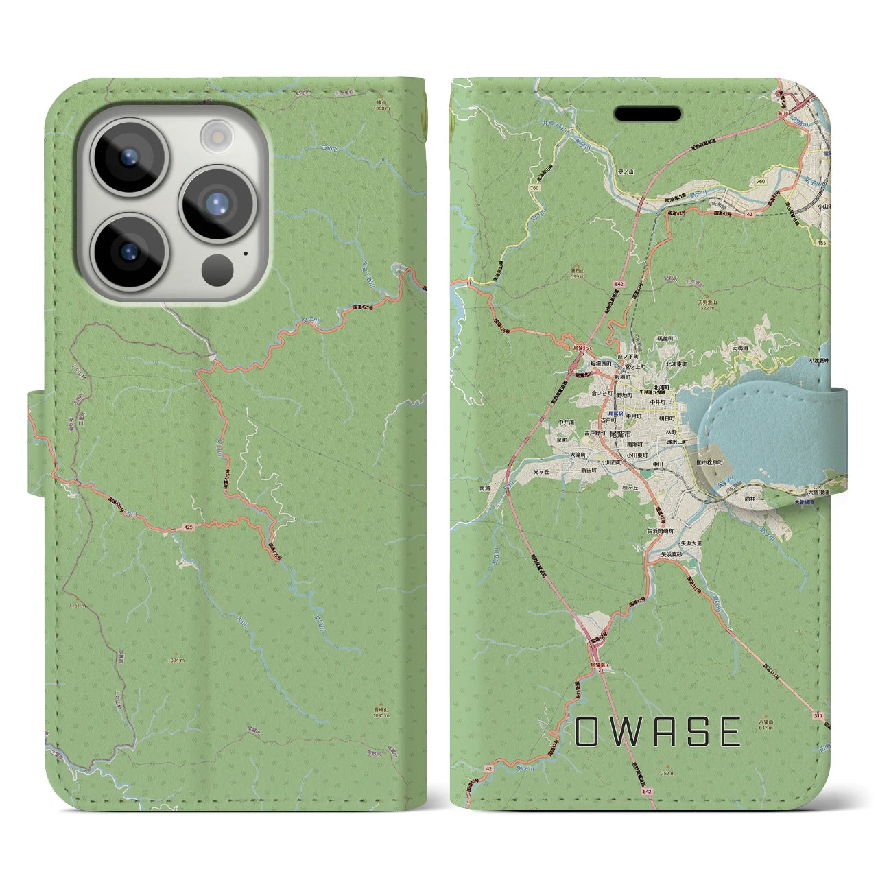 【尾鷲2(三重県)】地図柄iPhoneケース(手帳タイプ)ナチュラル・iPhone 15 Pro 用
