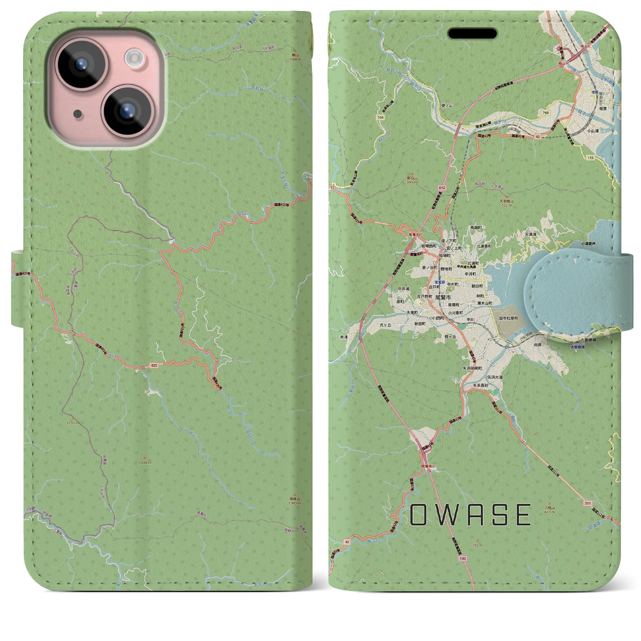 【尾鷲2(三重県)】地図柄iPhoneケース(手帳タイプ)ナチュラル・iPhone 15 Plus 用