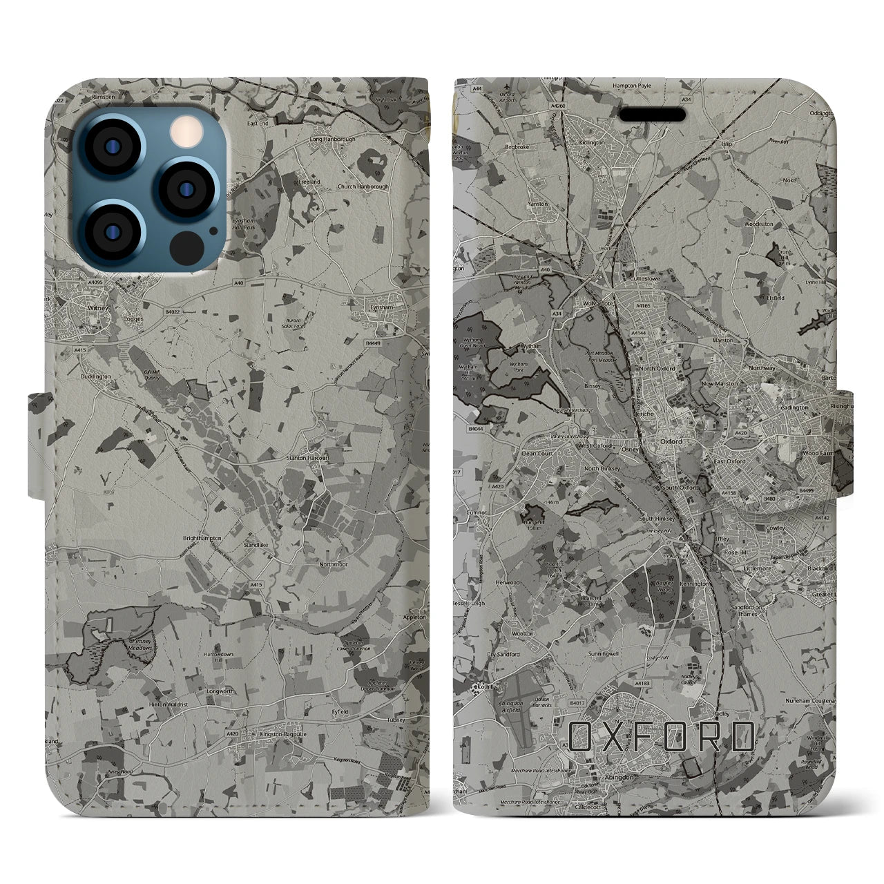 【オックスフォード(イギリス)】地図柄iPhoneケース(手帳タイプ)モノトーン・iPhone 12 / 12 Pro 用