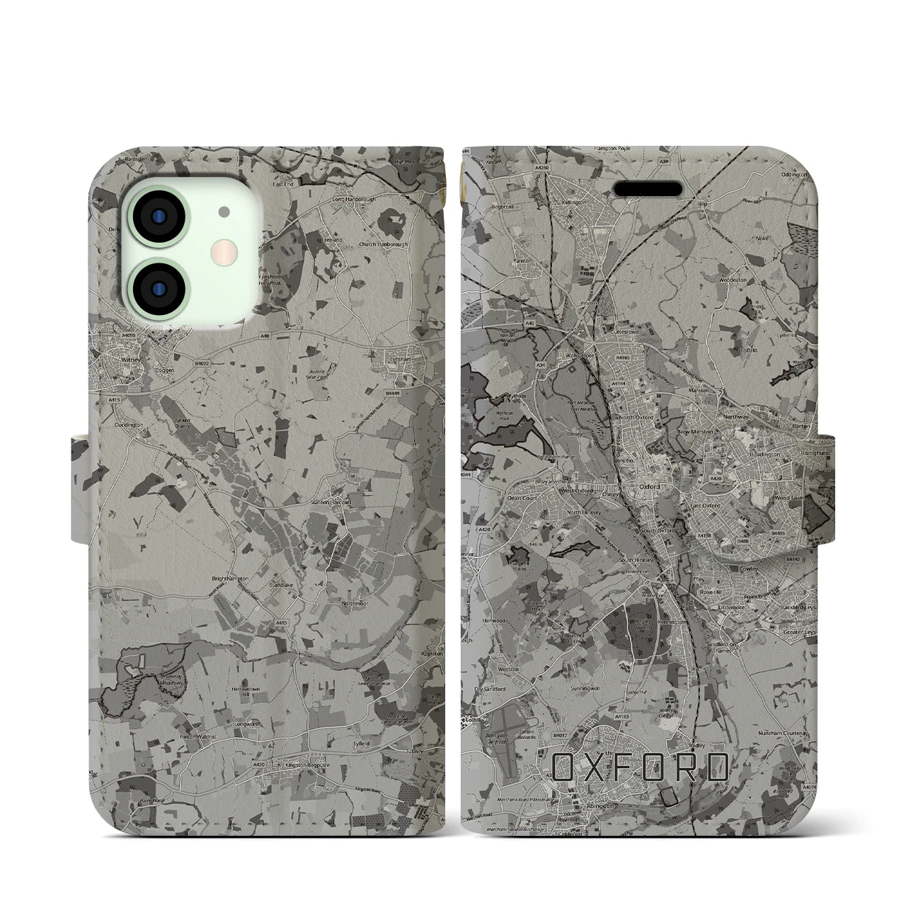 【オックスフォード(イギリス)】地図柄iPhoneケース(手帳タイプ)モノトーン・iPhone 12 mini 用