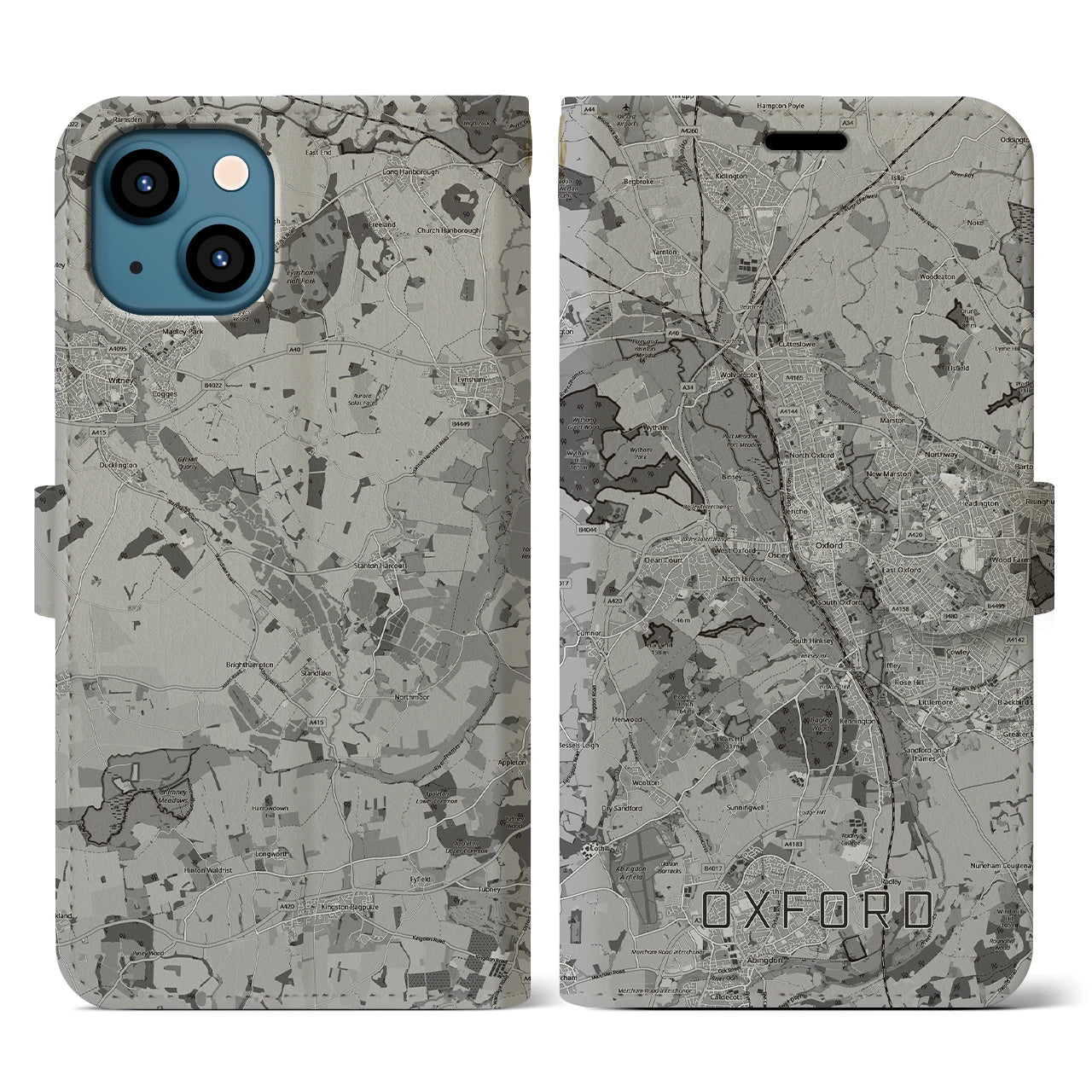 【オックスフォード(イギリス)】地図柄iPhoneケース(手帳タイプ)モノトーン・iPhone 13 用