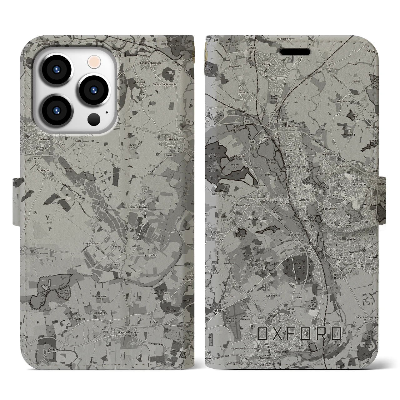 【オックスフォード(イギリス)】地図柄iPhoneケース(手帳タイプ)モノトーン・iPhone 13 Pro 用