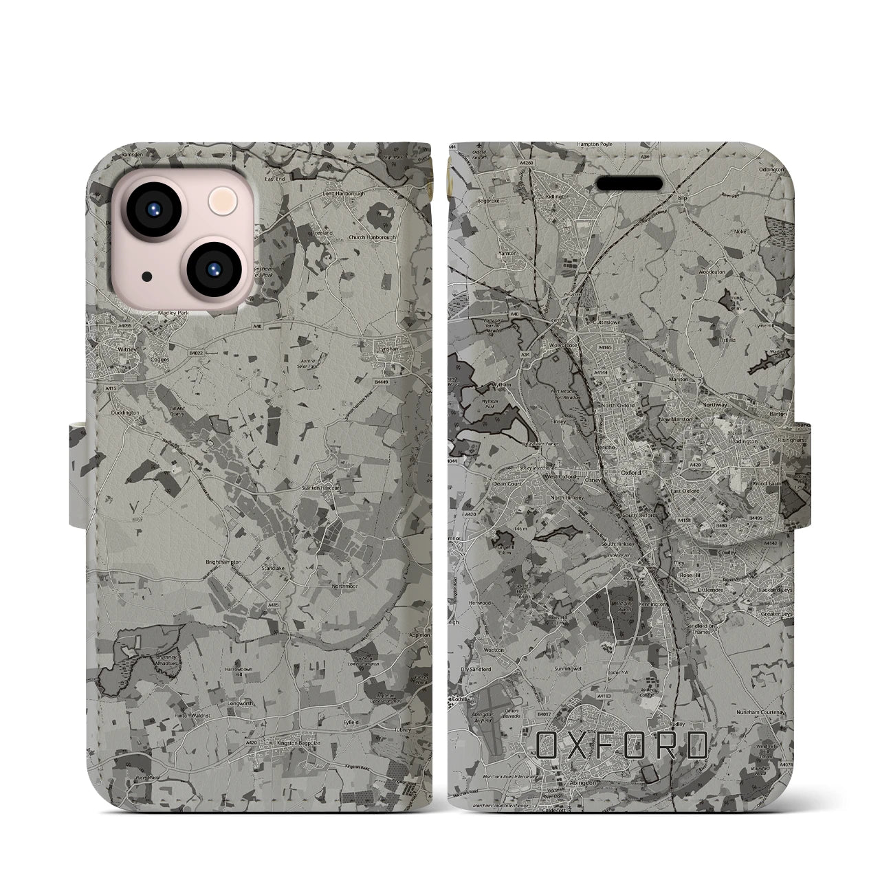【オックスフォード(イギリス)】地図柄iPhoneケース(手帳タイプ)モノトーン・iPhone 13 mini 用
