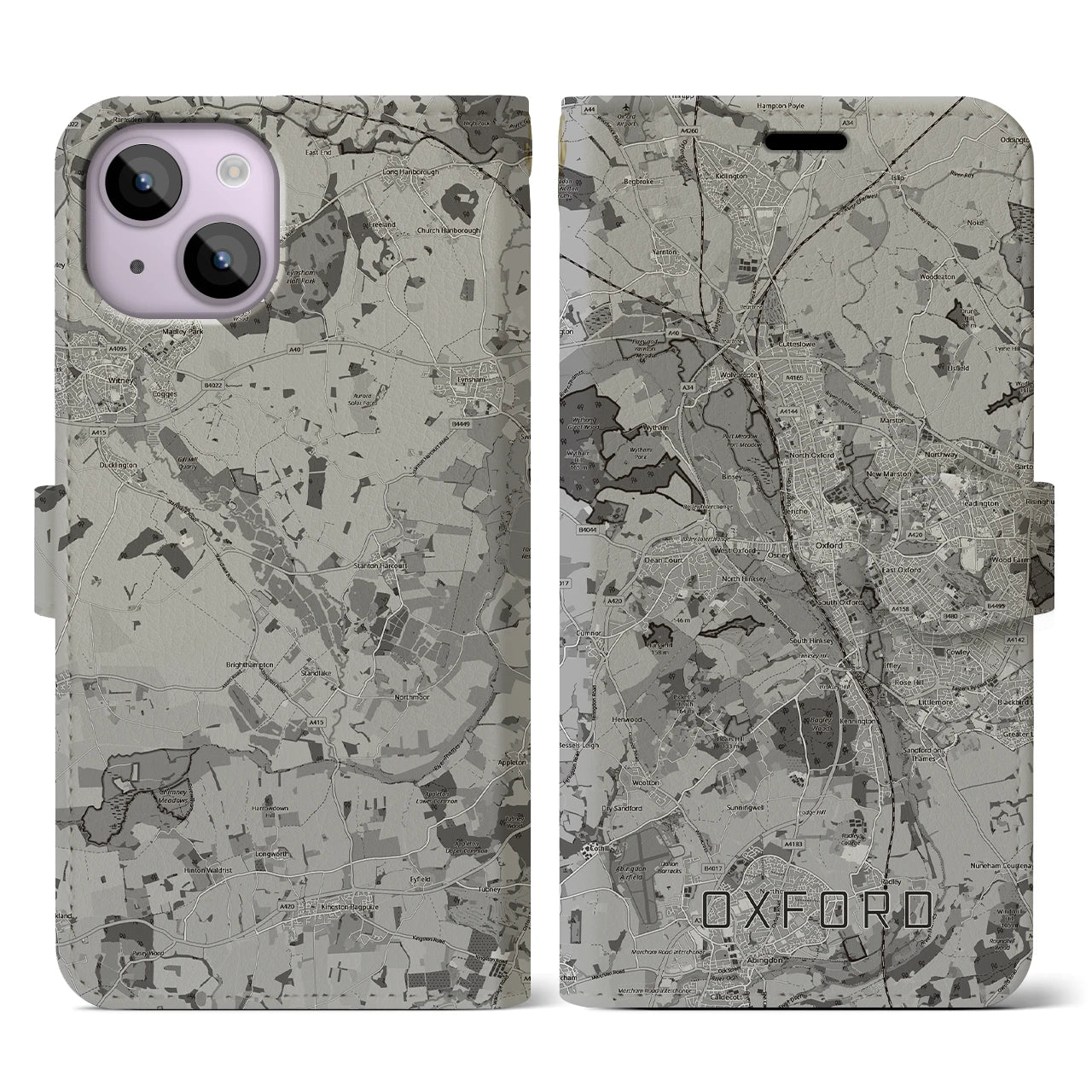 【オックスフォード(イギリス)】地図柄iPhoneケース(手帳タイプ)モノトーン・iPhone 14 用