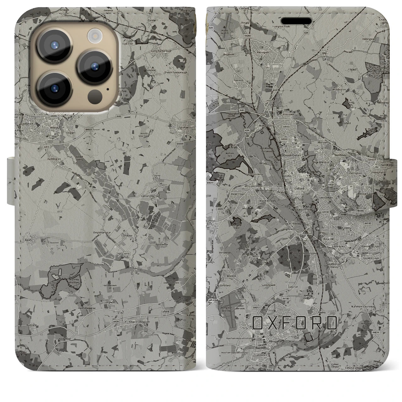 【オックスフォード(イギリス)】地図柄iPhoneケース(手帳タイプ)モノトーン・iPhone 14 Pro Max 用