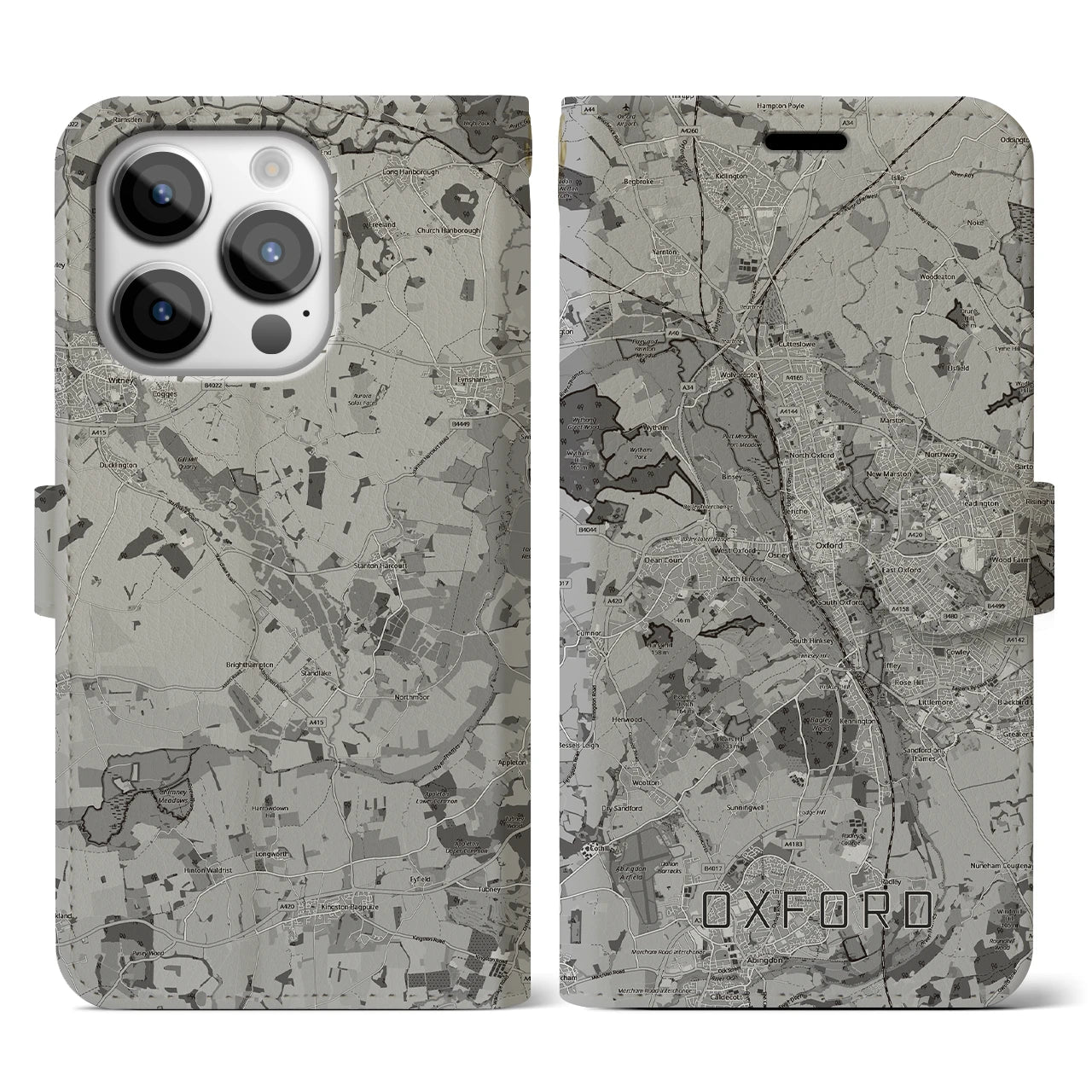 【オックスフォード(イギリス)】地図柄iPhoneケース(手帳タイプ)モノトーン・iPhone 14 Pro 用