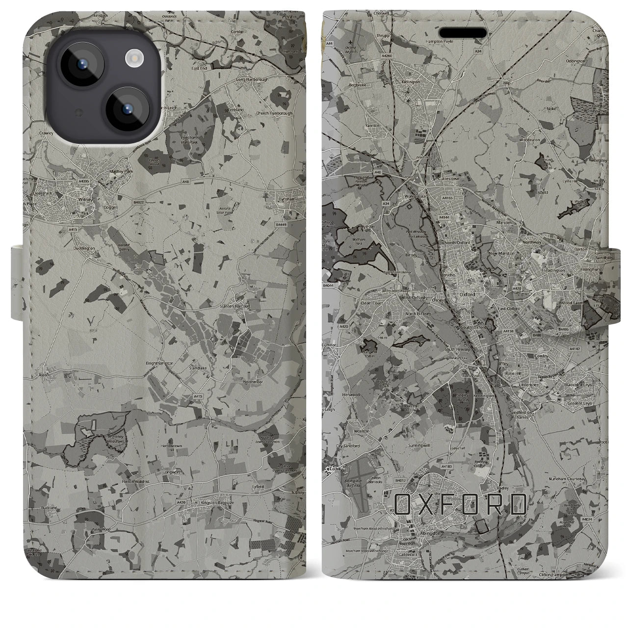 【オックスフォード(イギリス)】地図柄iPhoneケース(手帳タイプ)モノトーン・iPhone 14 Plus 用
