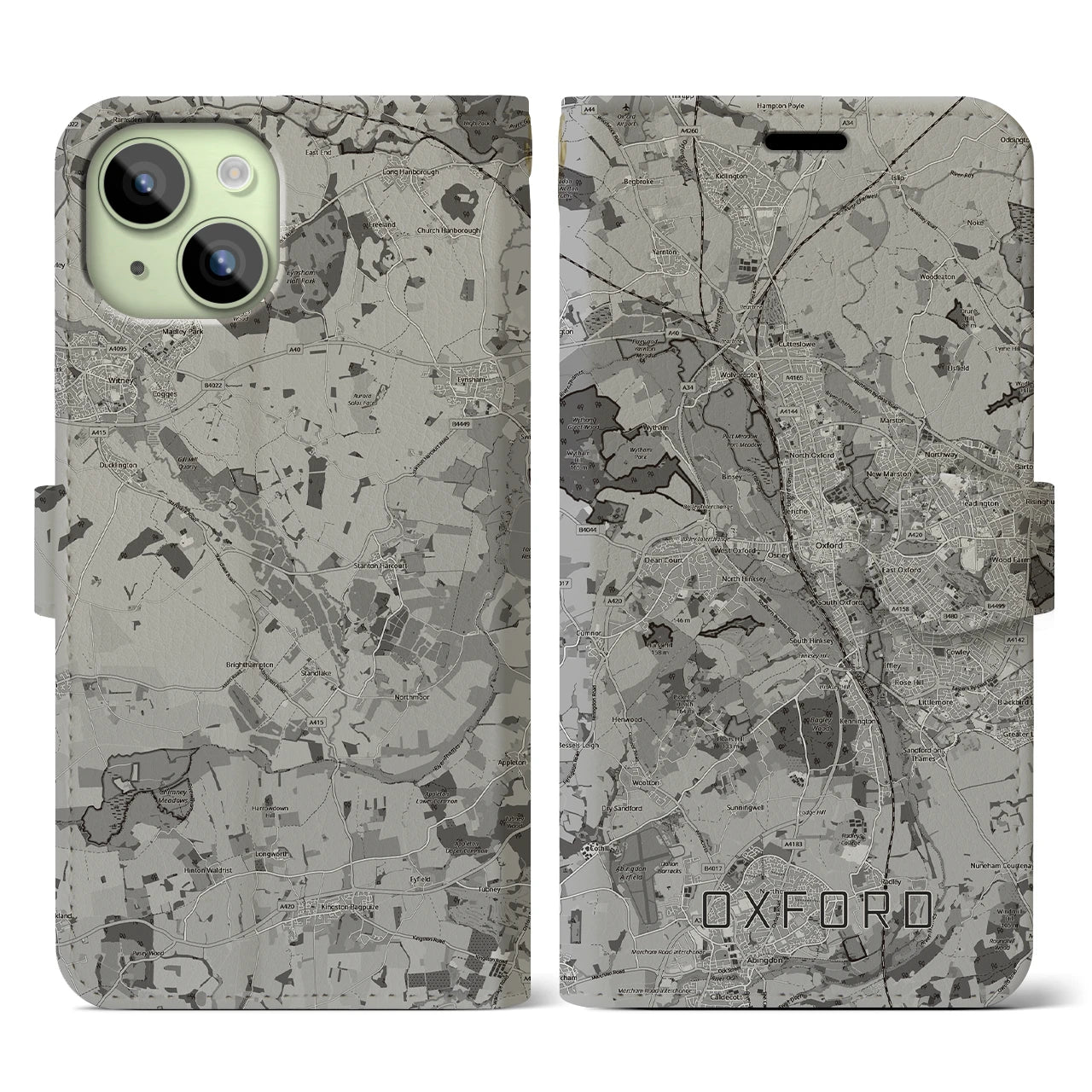 【オックスフォード(イギリス)】地図柄iPhoneケース(手帳タイプ)モノトーン・iPhone 15 用