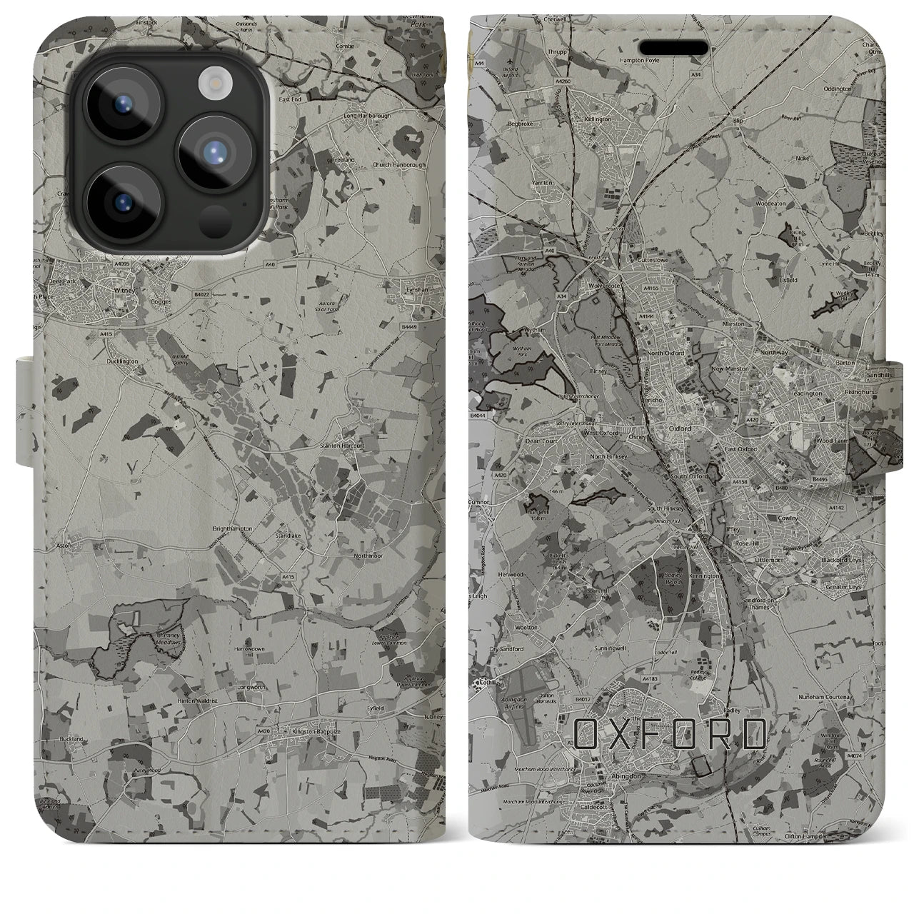 【オックスフォード(イギリス)】地図柄iPhoneケース(手帳タイプ)モノトーン・iPhone 15 Pro Max 用