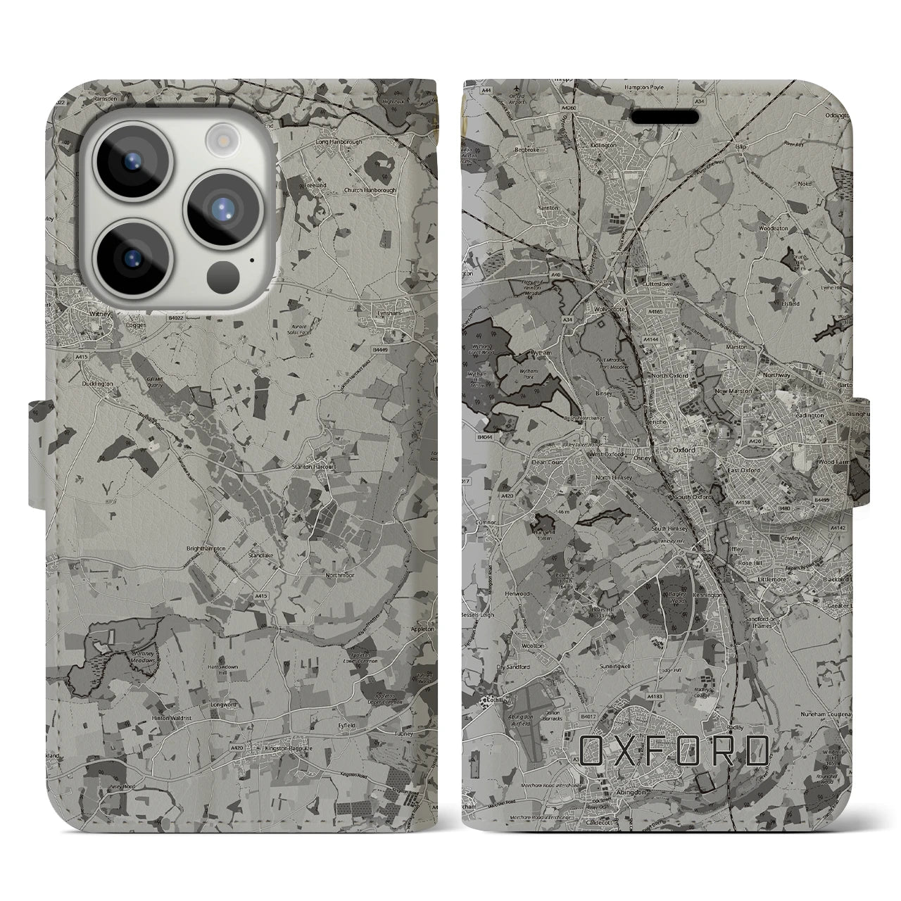 【オックスフォード(イギリス)】地図柄iPhoneケース(手帳タイプ)モノトーン・iPhone 15 Pro 用