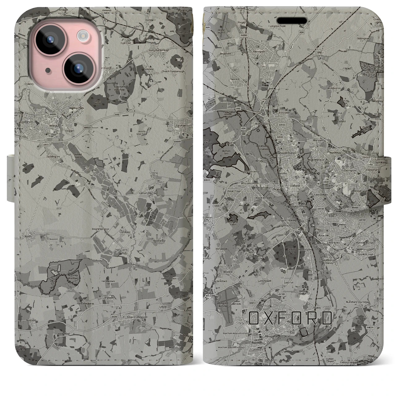 【オックスフォード(イギリス)】地図柄iPhoneケース(手帳タイプ)モノトーン・iPhone 15 Plus 用