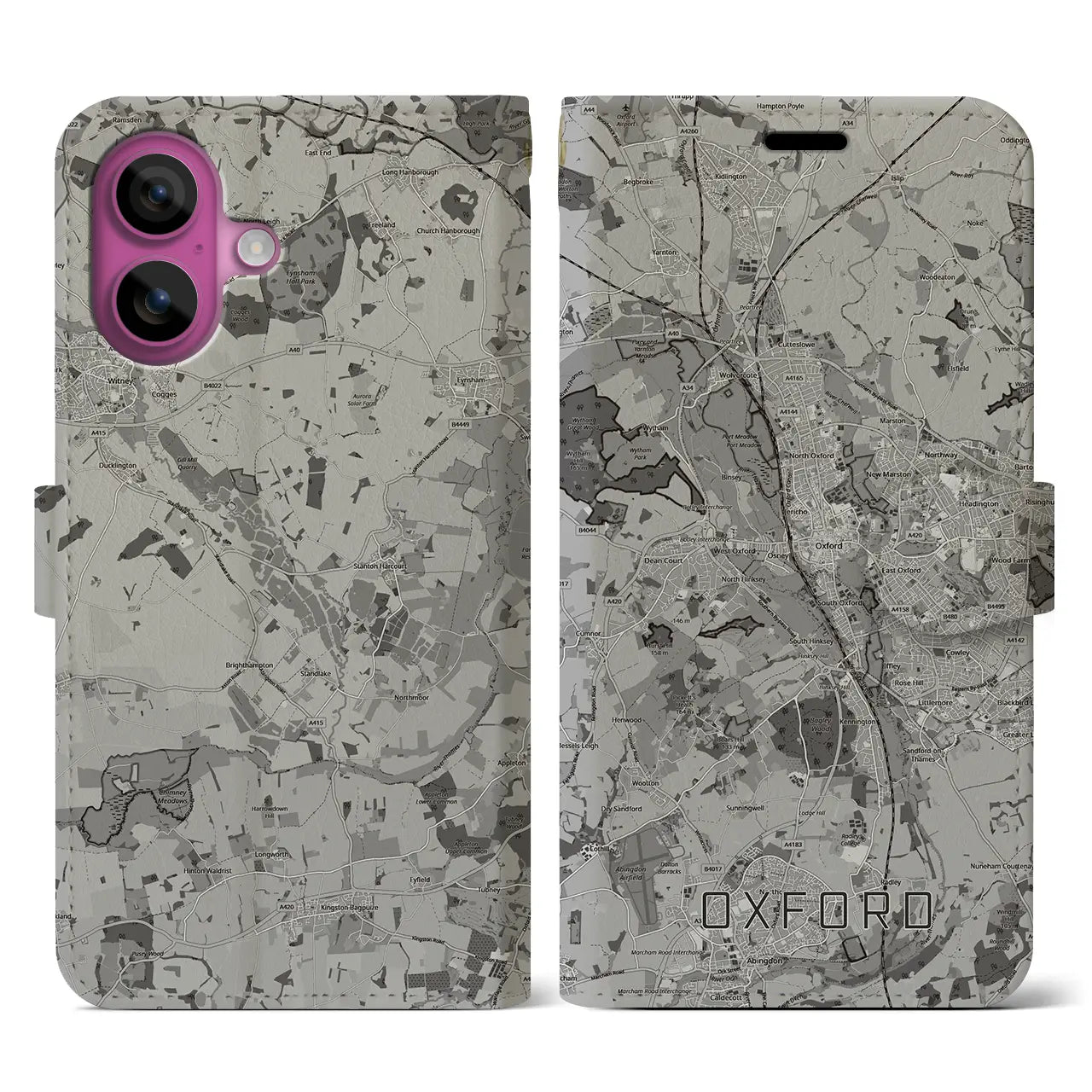 【オックスフォード(イギリス)】地図柄iPhoneケース(手帳タイプ)モノトーン・iPhone 16 Pro 用