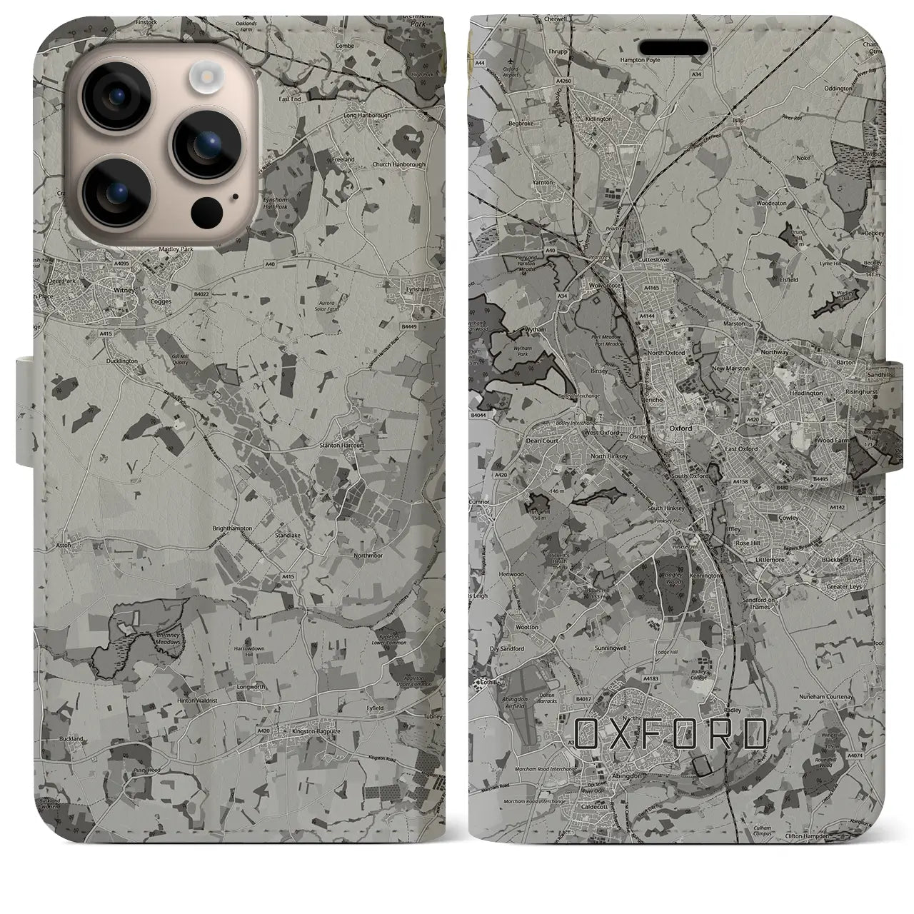 【オックスフォード(イギリス)】地図柄iPhoneケース(手帳タイプ)モノトーン・iPhone 16 Plus 用