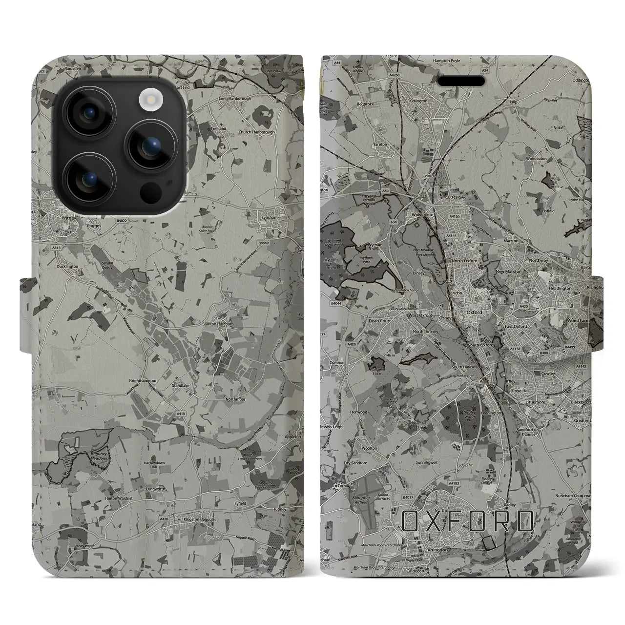 【オックスフォード(イギリス)】地図柄iPhoneケース(手帳タイプ)モノトーン・iPhone 16 用