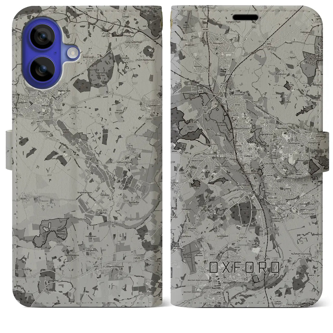 【オックスフォード(イギリス)】地図柄iPhoneケース(手帳タイプ)モノトーン・iPhone 16 Pro Max 用