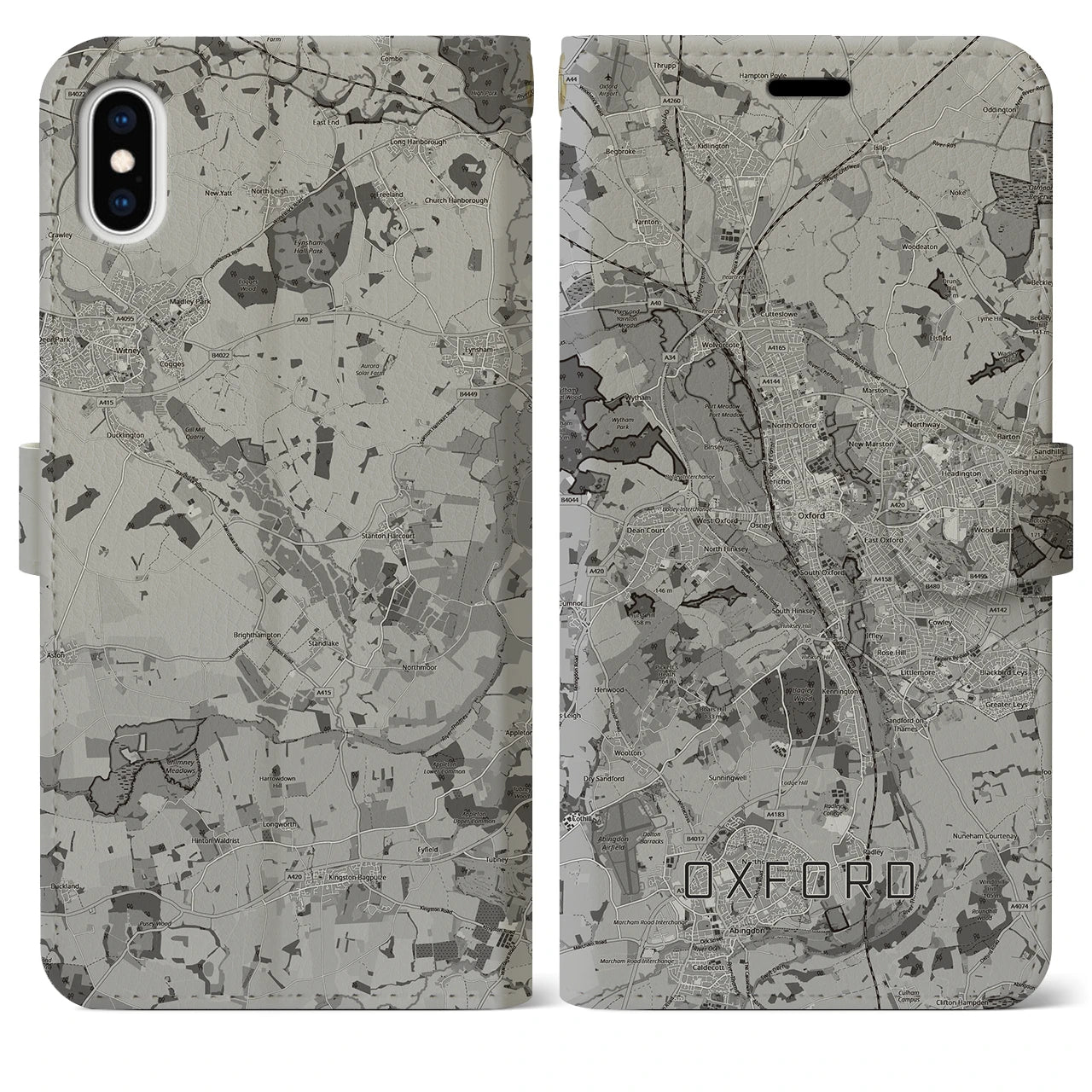 【オックスフォード(イギリス)】地図柄iPhoneケース(手帳タイプ)モノトーン・iPhone XS Max 用