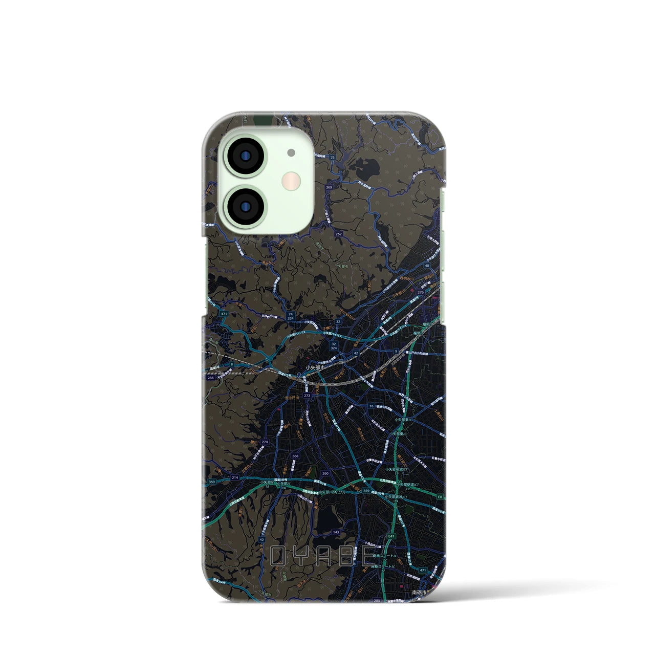 【小矢部(富山県)】地図柄iPhoneケース(バックカバータイプ)ブラック・iPhone 12 mini 用