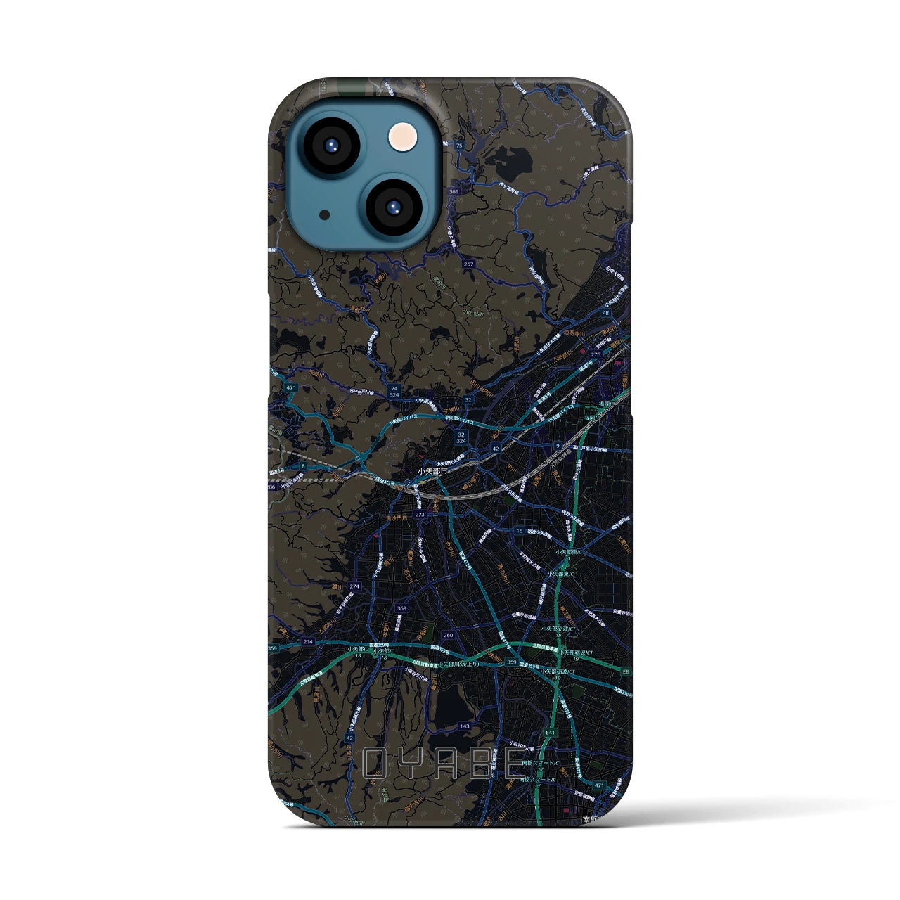 【小矢部(富山県)】地図柄iPhoneケース(バックカバータイプ)ブラック・iPhone 13 用