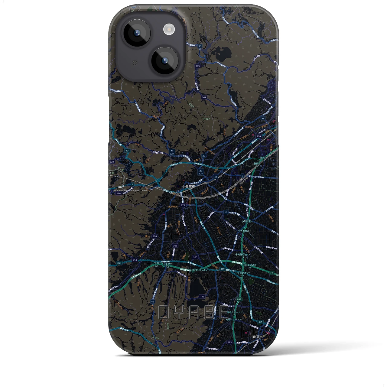 【小矢部(富山県)】地図柄iPhoneケース(バックカバータイプ)ブラック・iPhone 14 Plus 用