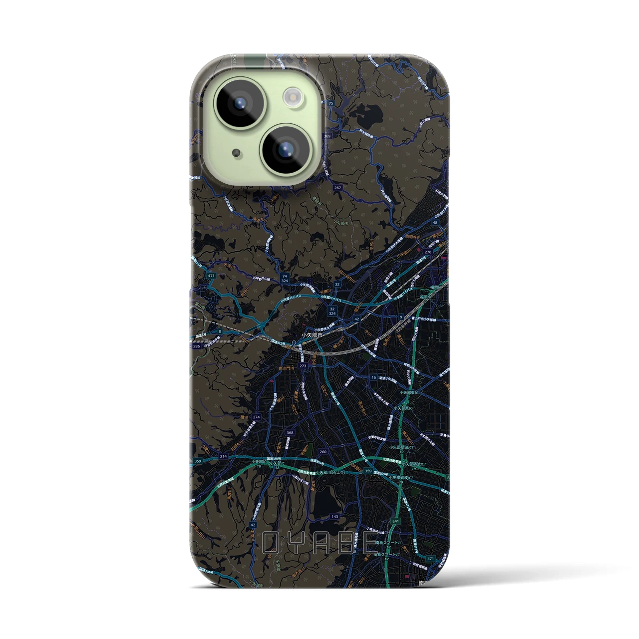 【小矢部(富山県)】地図柄iPhoneケース(バックカバータイプ)ブラック・iPhone 15 用