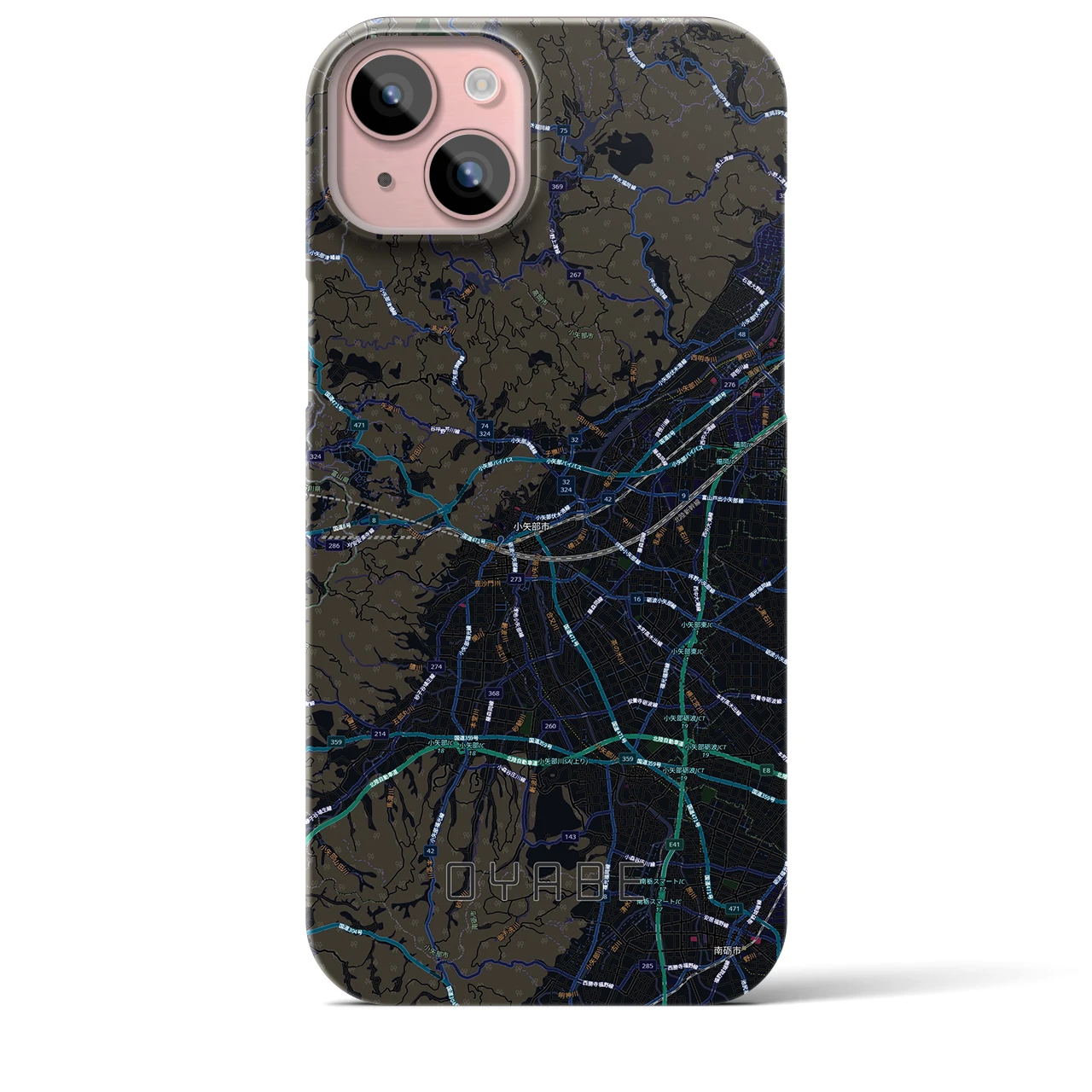 【小矢部(富山県)】地図柄iPhoneケース(バックカバータイプ)ブラック・iPhone 15 Plus 用