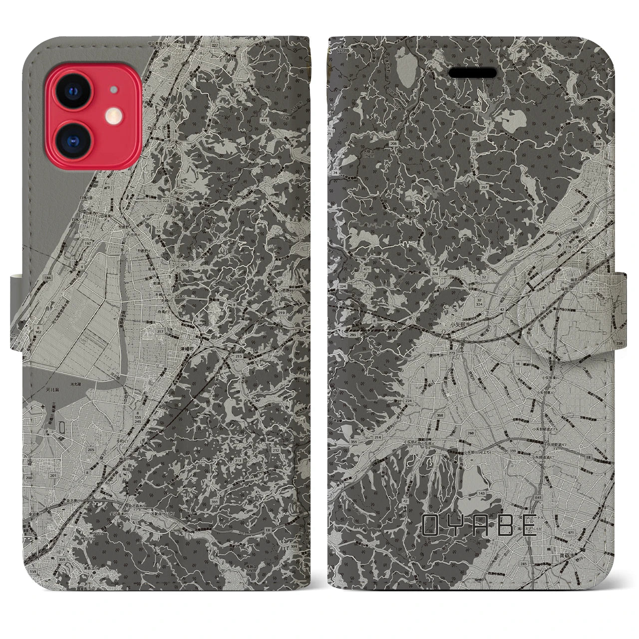 【小矢部(富山県)】地図柄iPhoneケース(手帳タイプ)モノトーン・iPhone 11 用