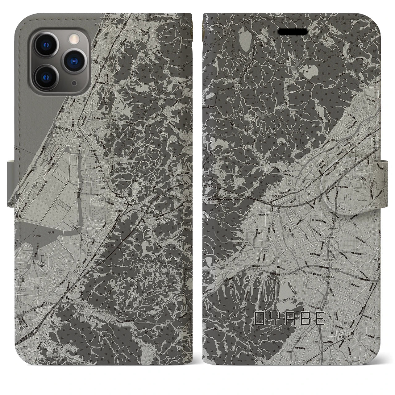 【小矢部(富山県)】地図柄iPhoneケース(手帳タイプ)モノトーン・iPhone 11 Pro Max 用