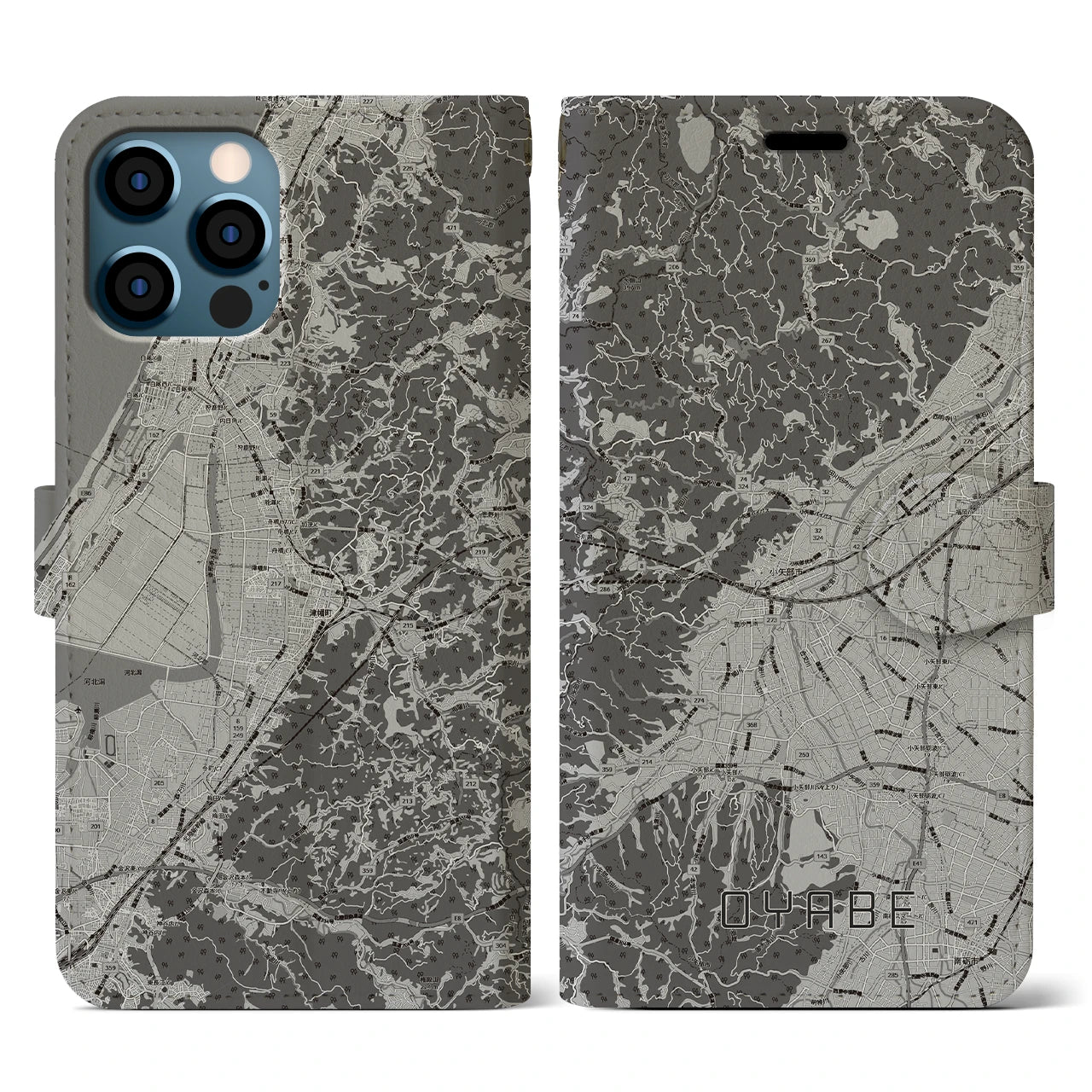 【小矢部(富山県)】地図柄iPhoneケース(手帳タイプ)モノトーン・iPhone 12 / 12 Pro 用