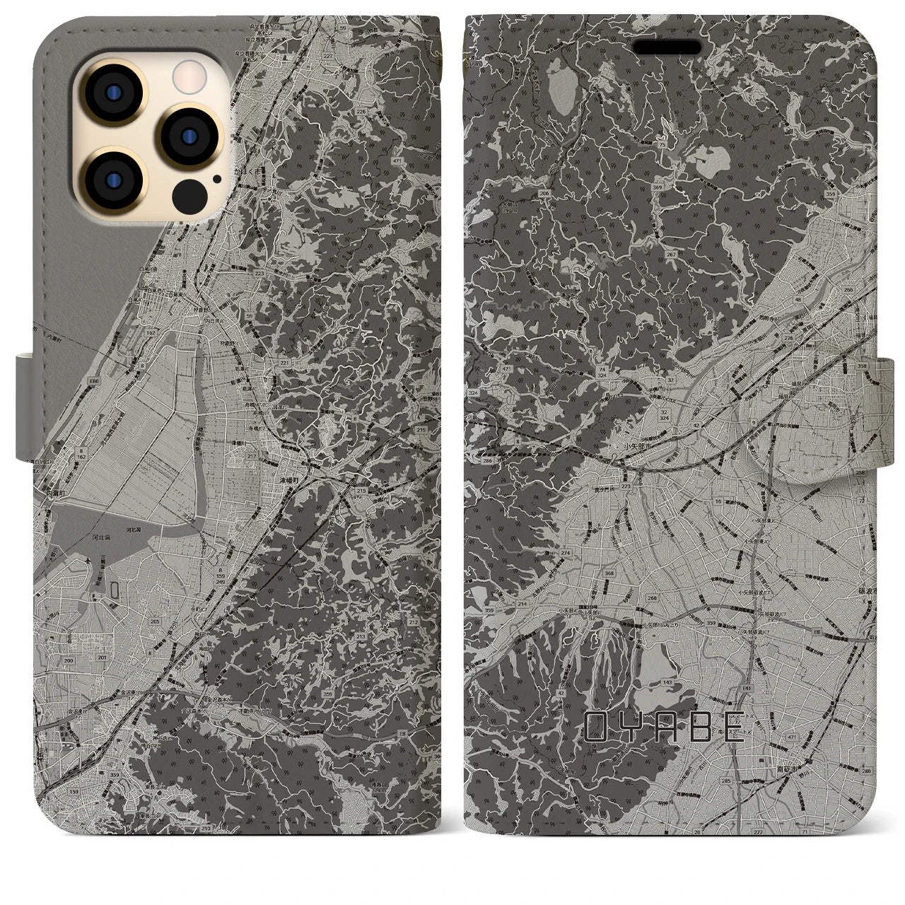 【小矢部(富山県)】地図柄iPhoneケース(手帳タイプ)モノトーン・iPhone 12 Pro Max 用
