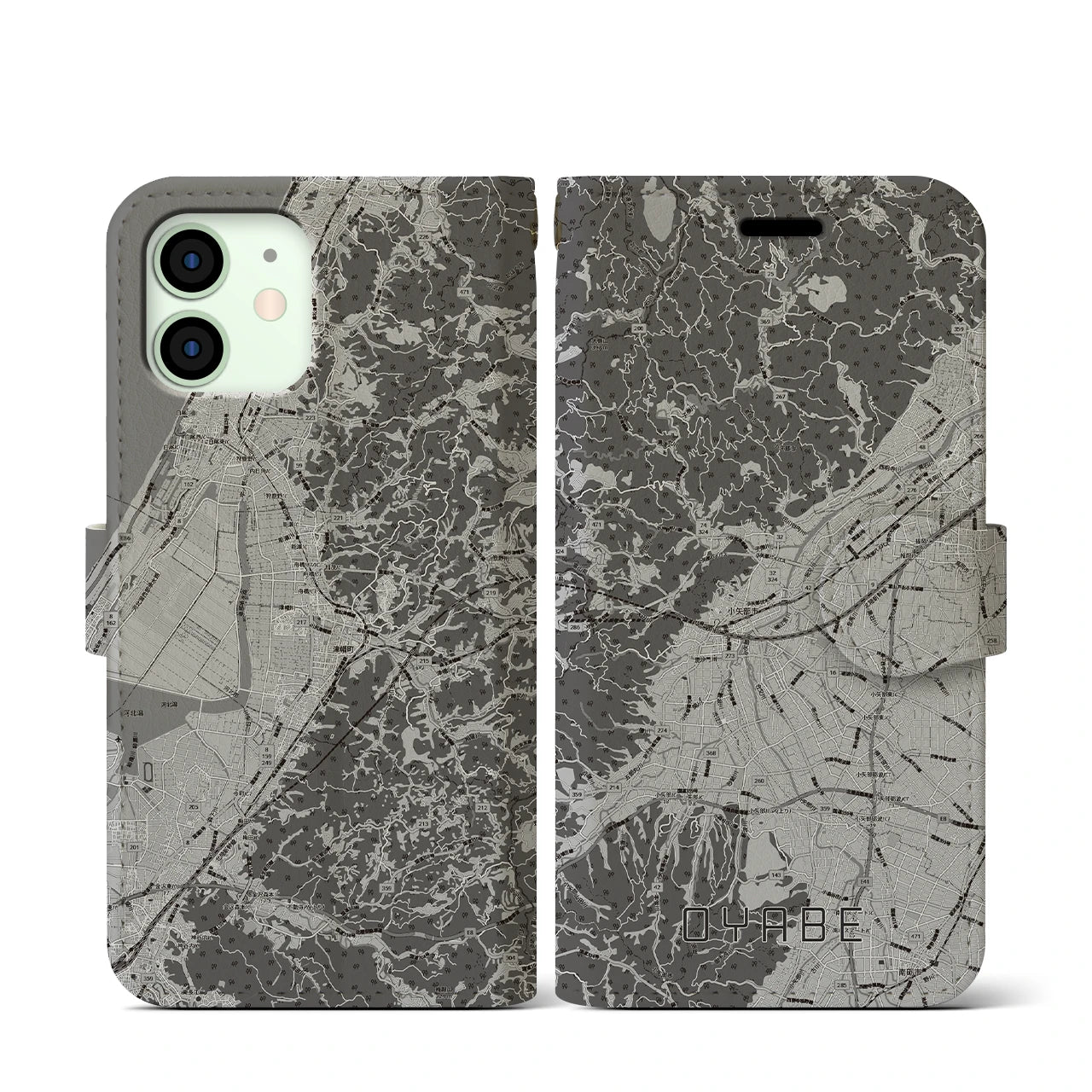 【小矢部(富山県)】地図柄iPhoneケース(手帳タイプ)モノトーン・iPhone 12 mini 用