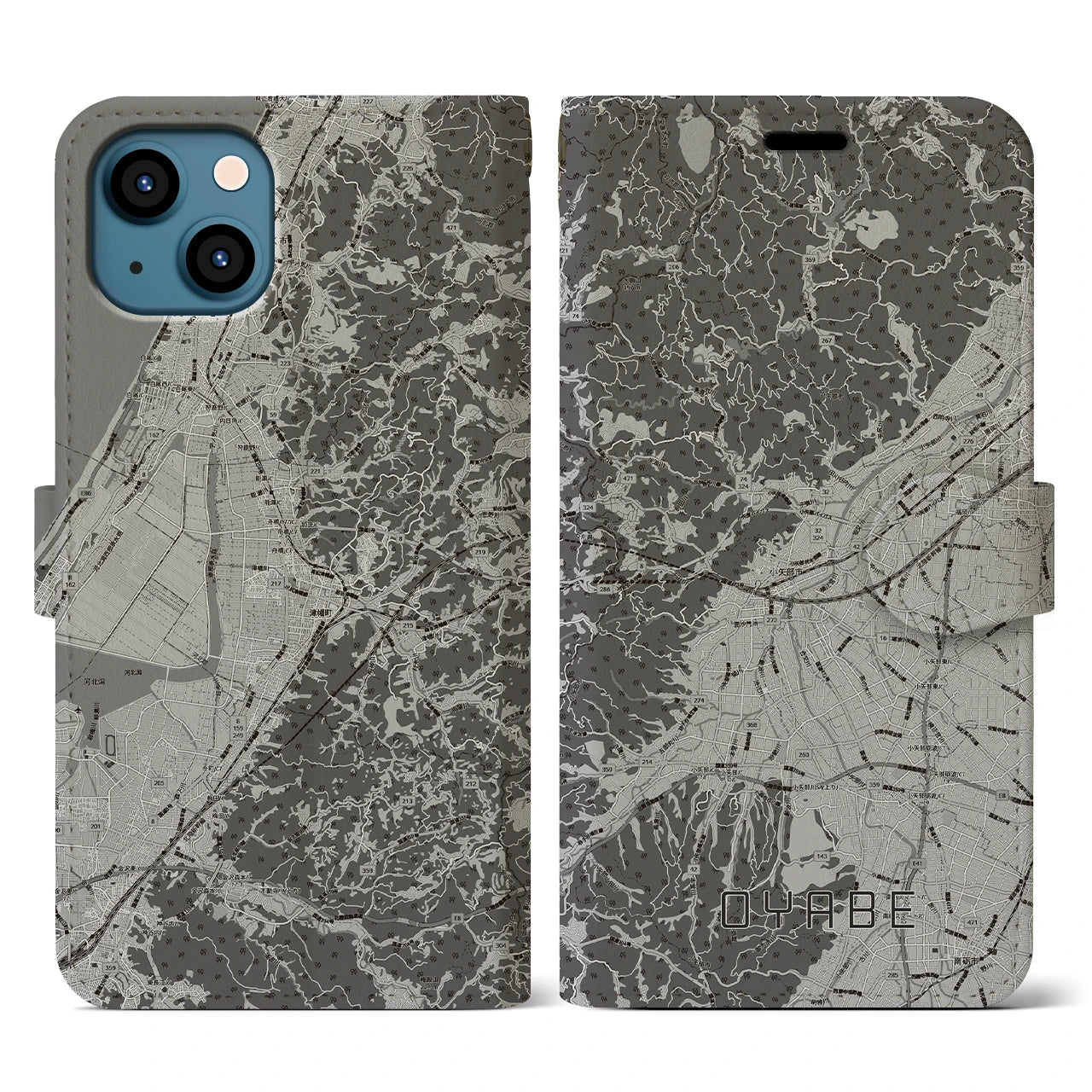 【小矢部(富山県)】地図柄iPhoneケース(手帳タイプ)モノトーン・iPhone 13 用