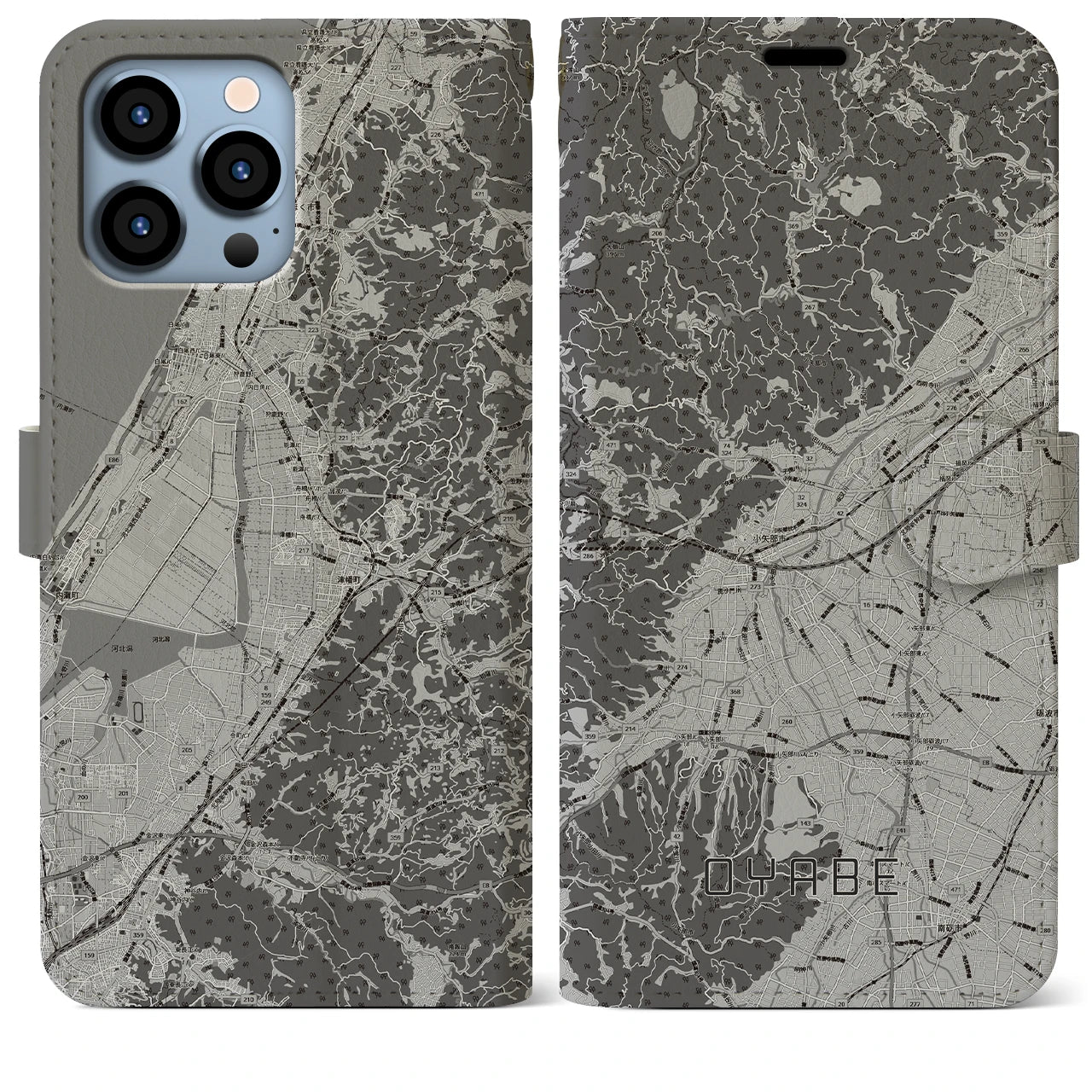 【小矢部(富山県)】地図柄iPhoneケース(手帳タイプ)モノトーン・iPhone 13 Pro Max 用