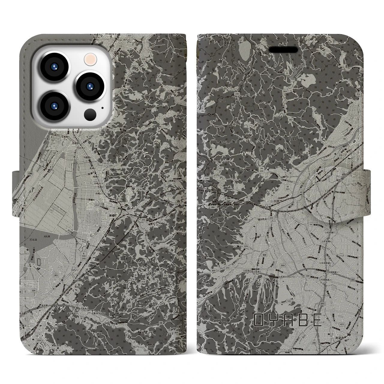 【小矢部(富山県)】地図柄iPhoneケース(手帳タイプ)モノトーン・iPhone 13 Pro 用