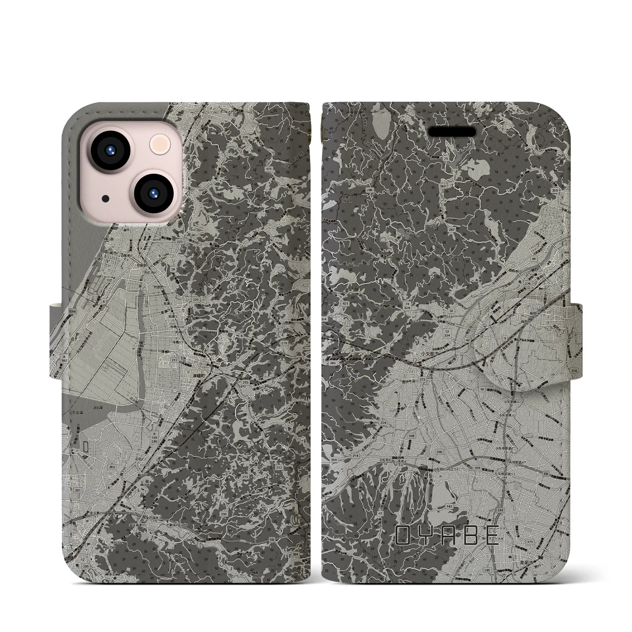 【小矢部(富山県)】地図柄iPhoneケース(手帳タイプ)モノトーン・iPhone 13 mini 用