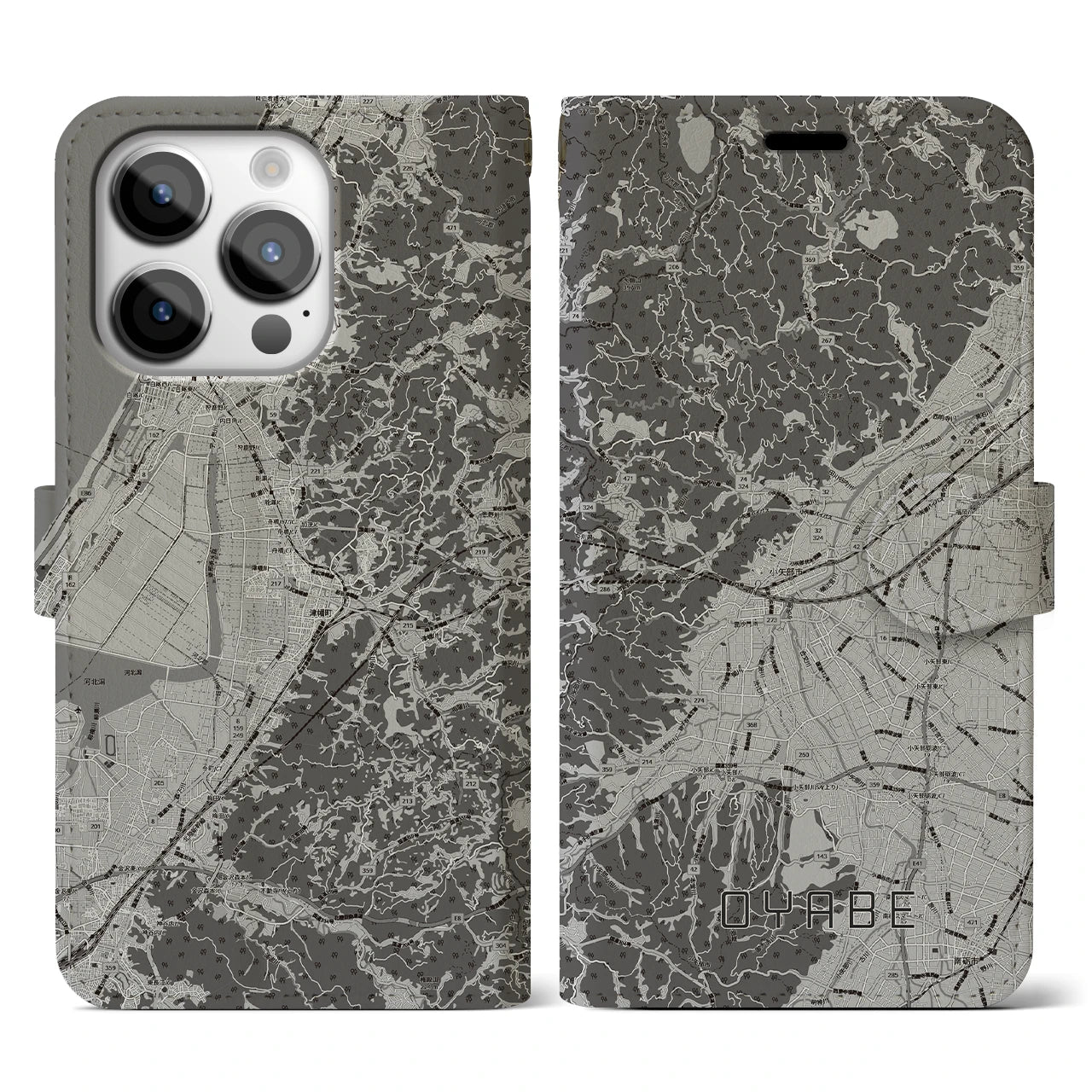 【小矢部(富山県)】地図柄iPhoneケース(手帳タイプ)モノトーン・iPhone 14 Pro 用