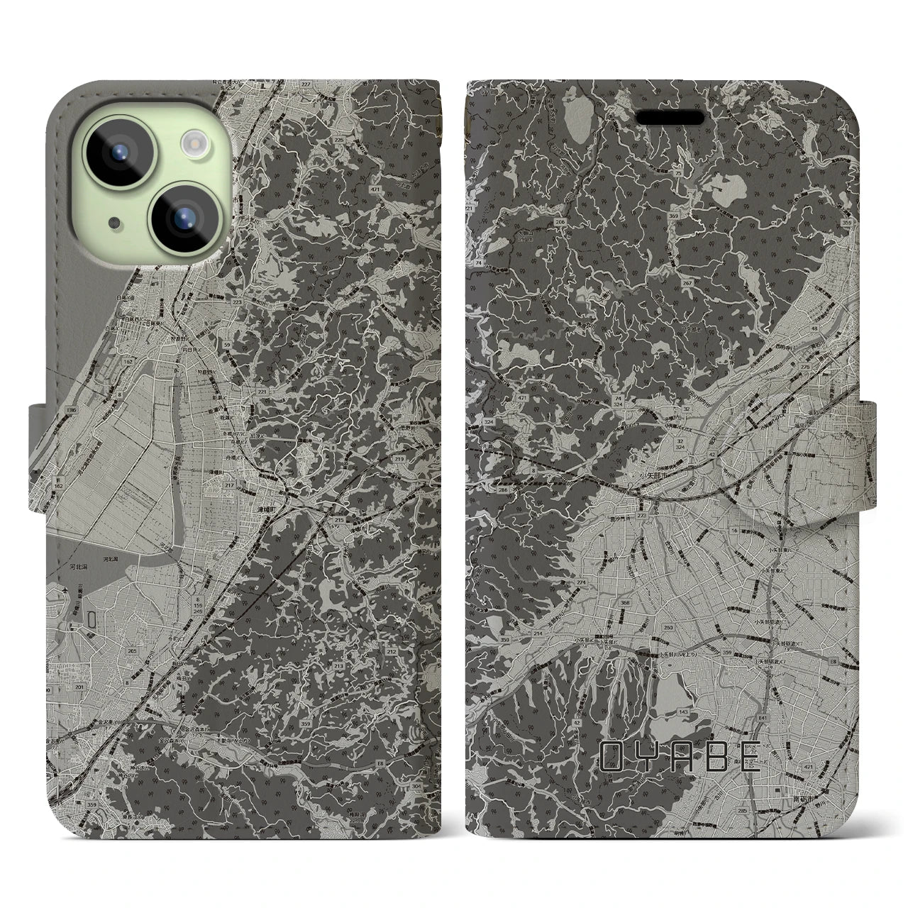 【小矢部(富山県)】地図柄iPhoneケース(手帳タイプ)モノトーン・iPhone 15 用