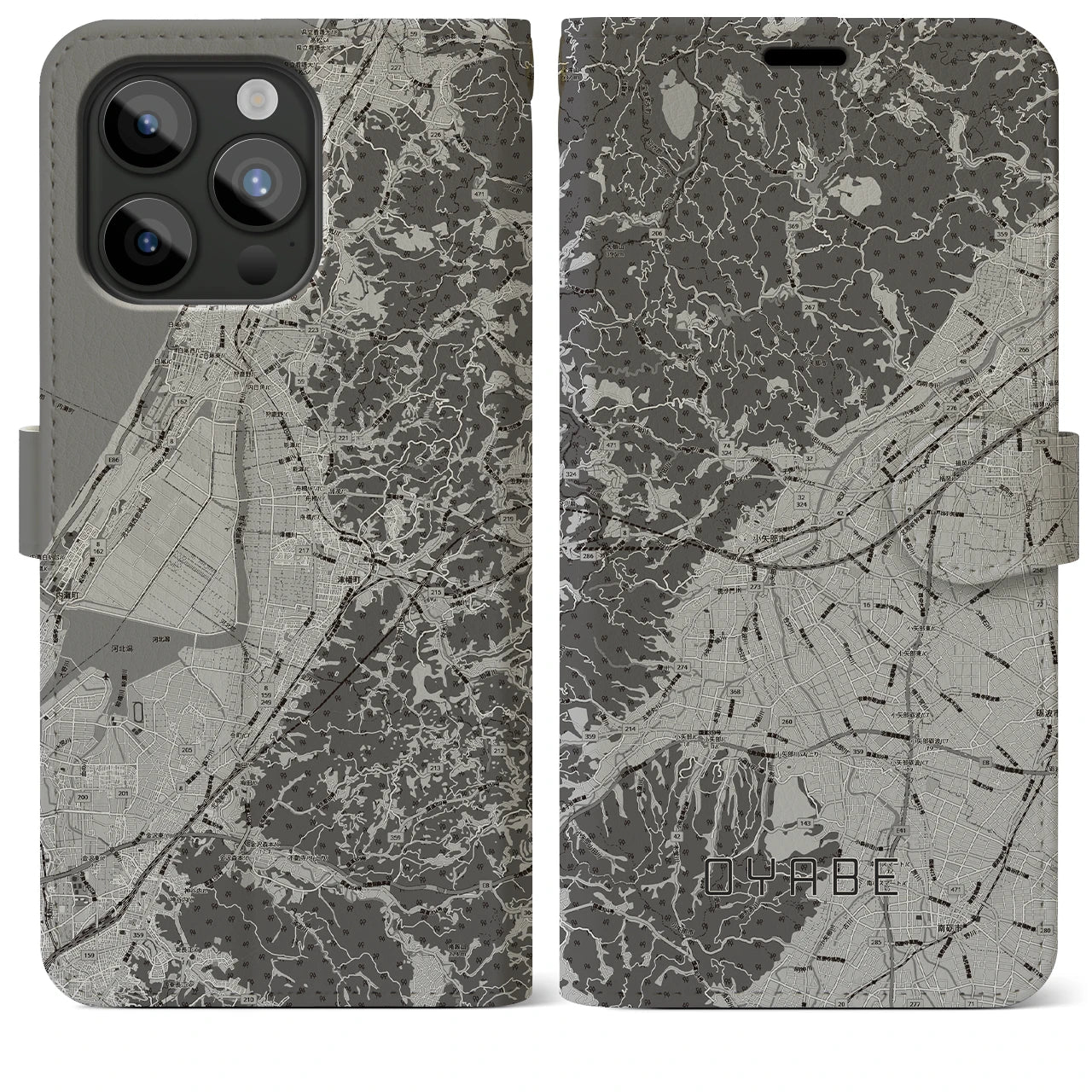 【小矢部(富山県)】地図柄iPhoneケース(手帳タイプ)モノトーン・iPhone 15 Pro Max 用