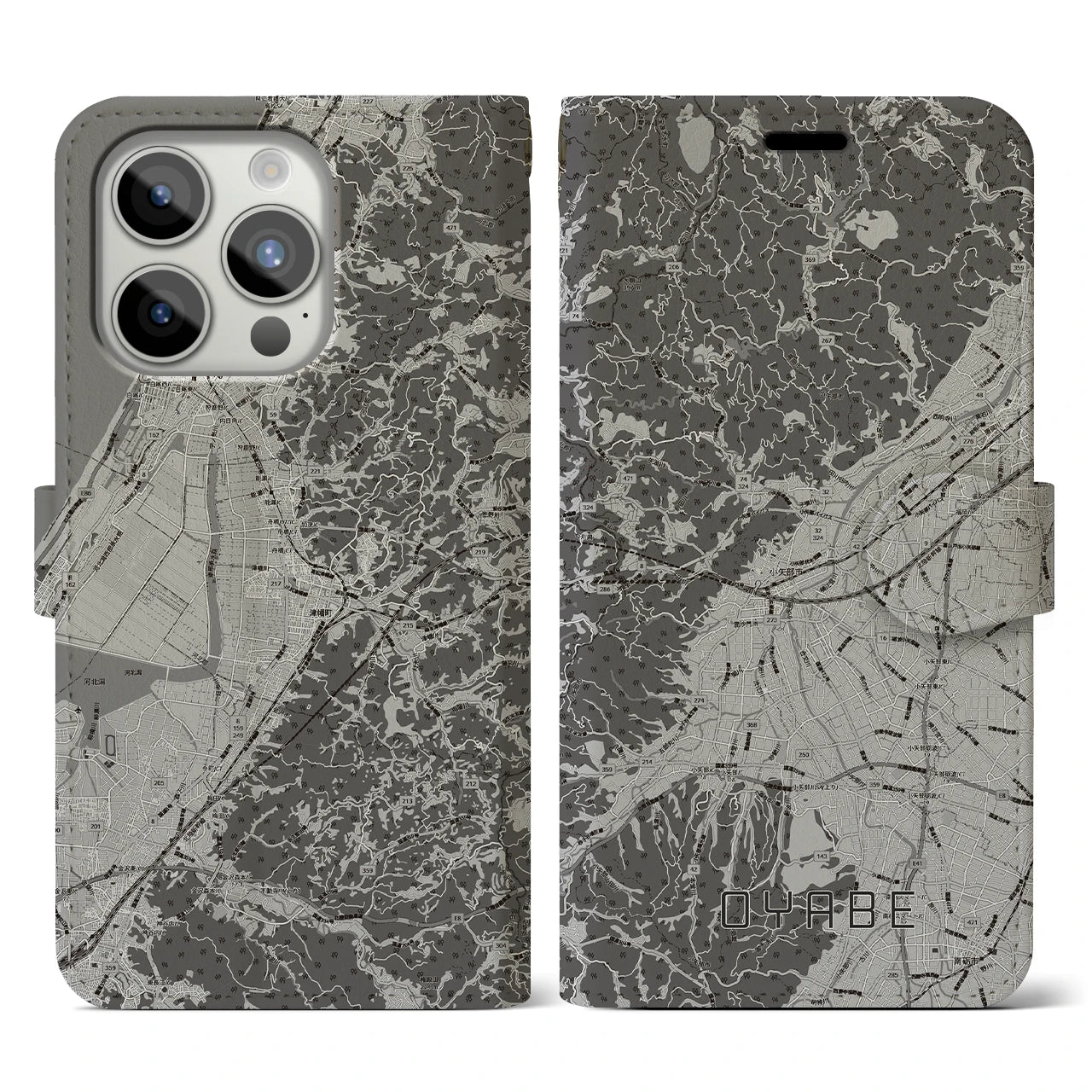 【小矢部(富山県)】地図柄iPhoneケース(手帳タイプ)モノトーン・iPhone 15 Pro 用