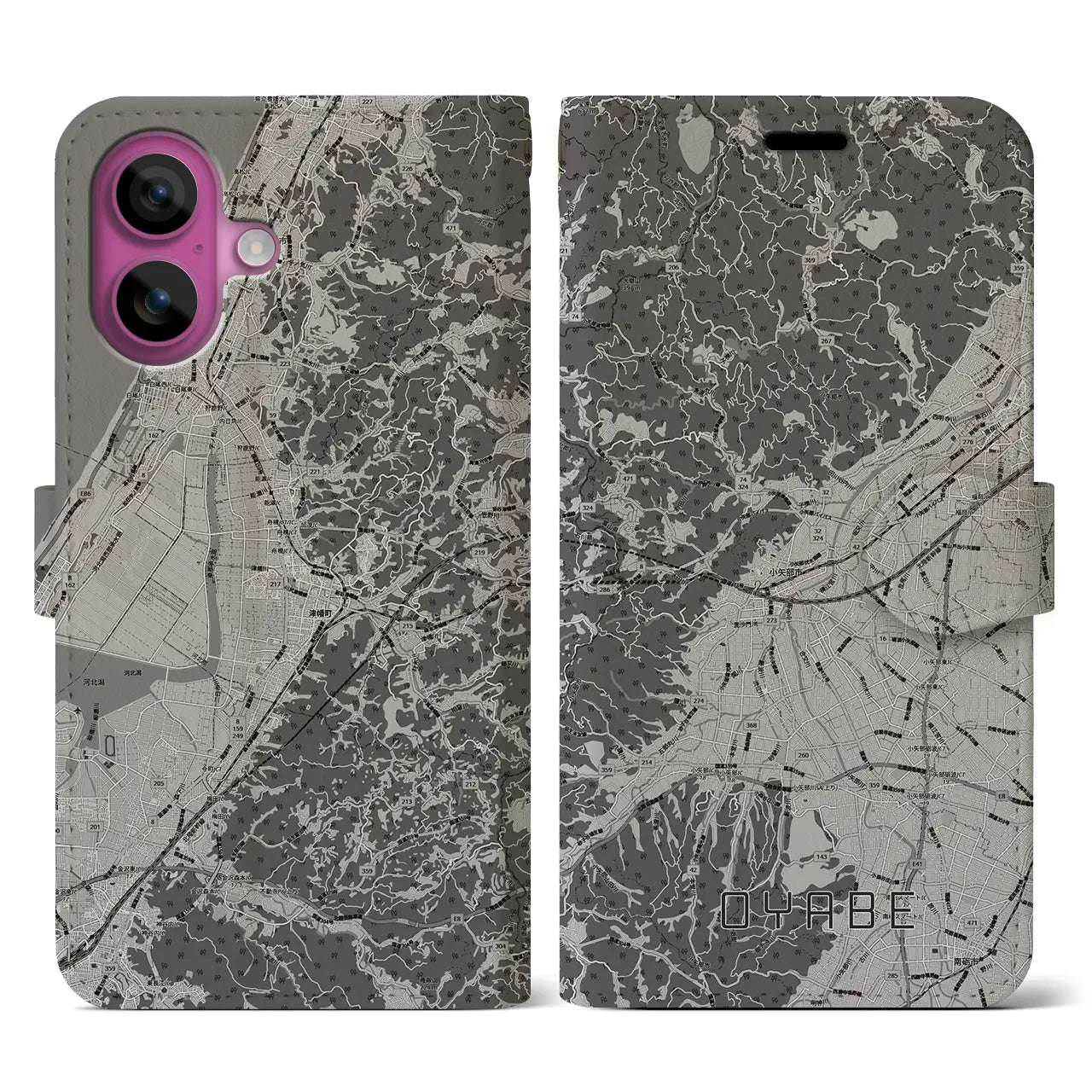 【小矢部(富山県)】地図柄iPhoneケース(手帳タイプ)モノトーン・iPhone 16 Pro 用