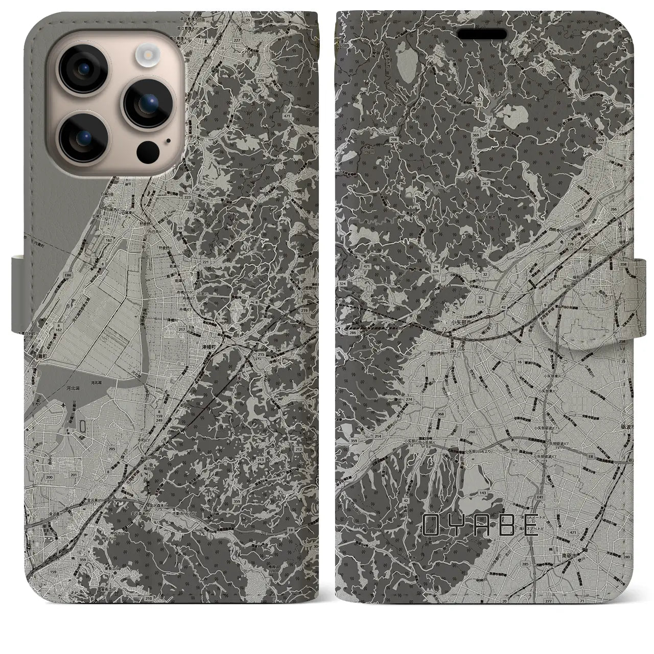 【小矢部(富山県)】地図柄iPhoneケース(手帳タイプ)モノトーン・iPhone 16 Plus 用