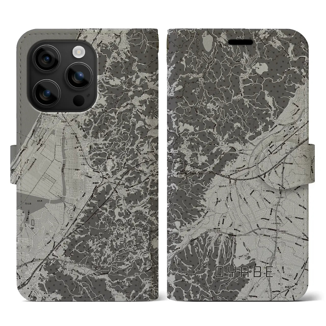【小矢部(富山県)】地図柄iPhoneケース(手帳タイプ)モノトーン・iPhone 16 用
